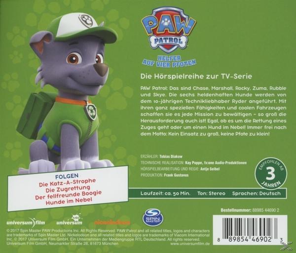 Rückseite einer Paw Patrol DVD-Hülle mit einem Zeichentrickhund und Text auf Deutsch.