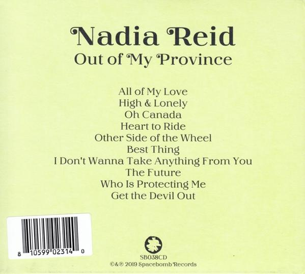 CD borító: Nadia Reid, Out of My Province, számlista és logó.