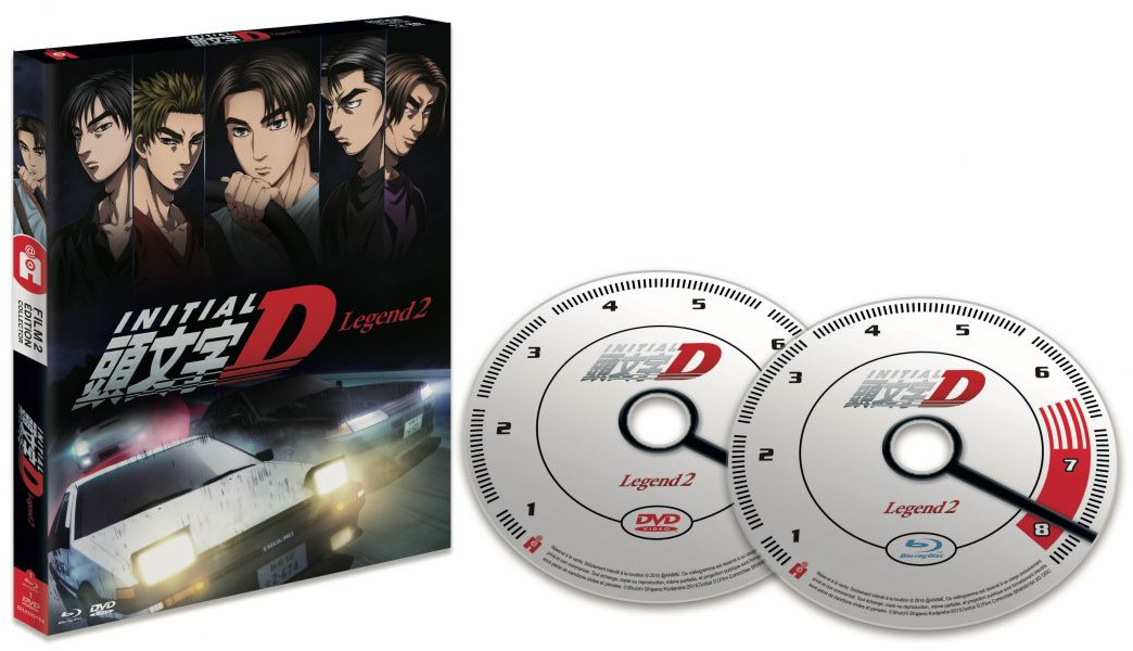 Initial D anime dvd-set. Box art toont personages en autoraces. Dvd's zijn wit met zwarte details.
