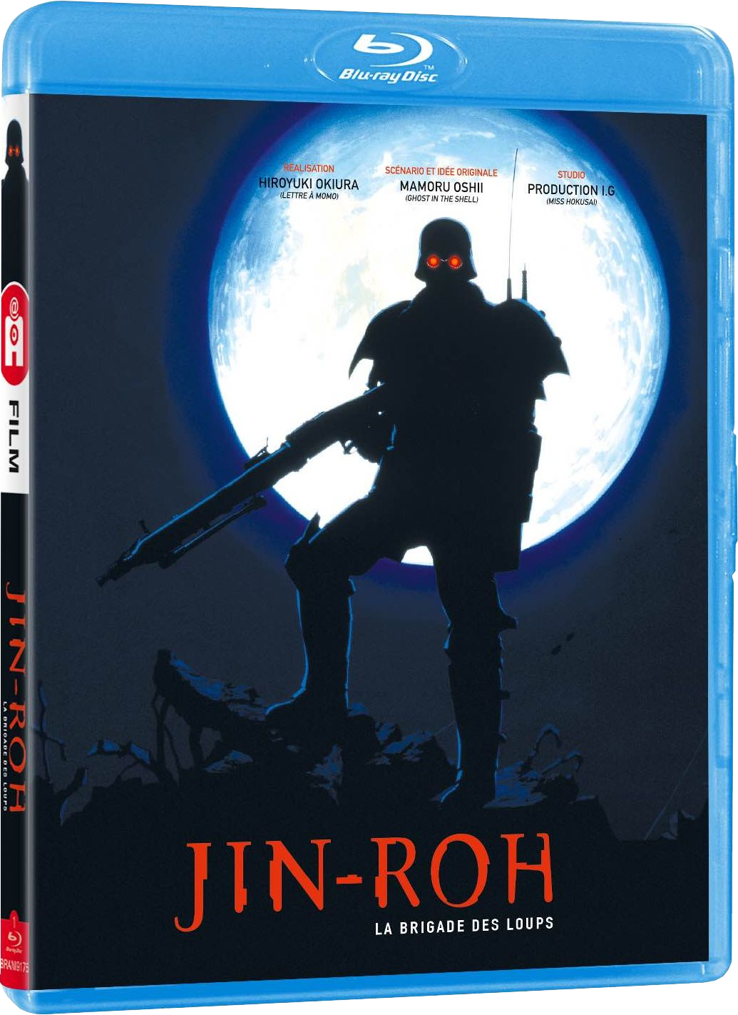 Couverture Blu-ray de 'Jin-Roh: The Wolf Brigade' avec un soldat en silhouette et une lune.