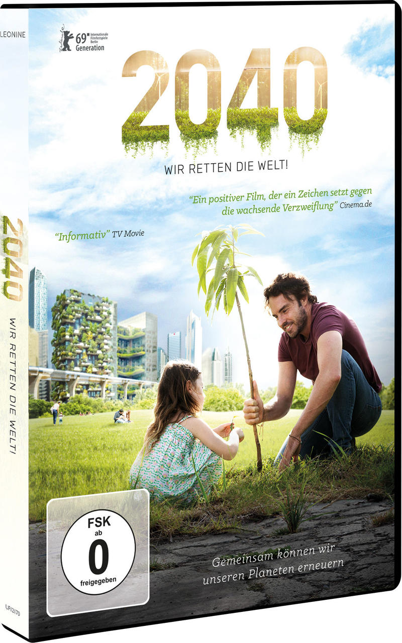 Eine DVD-Box mit einem Poster eines Mannes, der mit einem Mädchen einen Baum pflanzt. Der Filmtitel ist 2040.