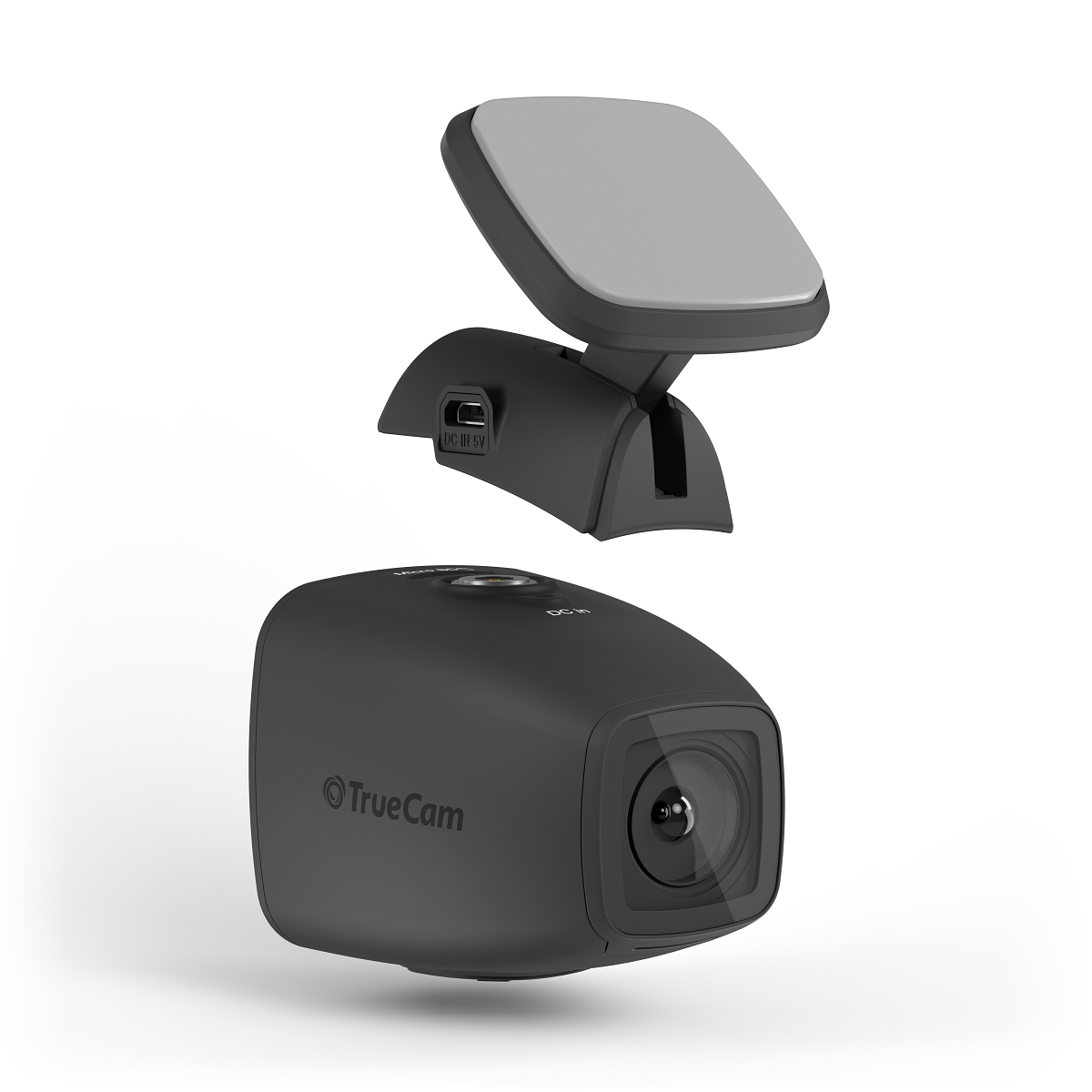 Fekete TrueCam dashcam és tartó, fehér háttéren.