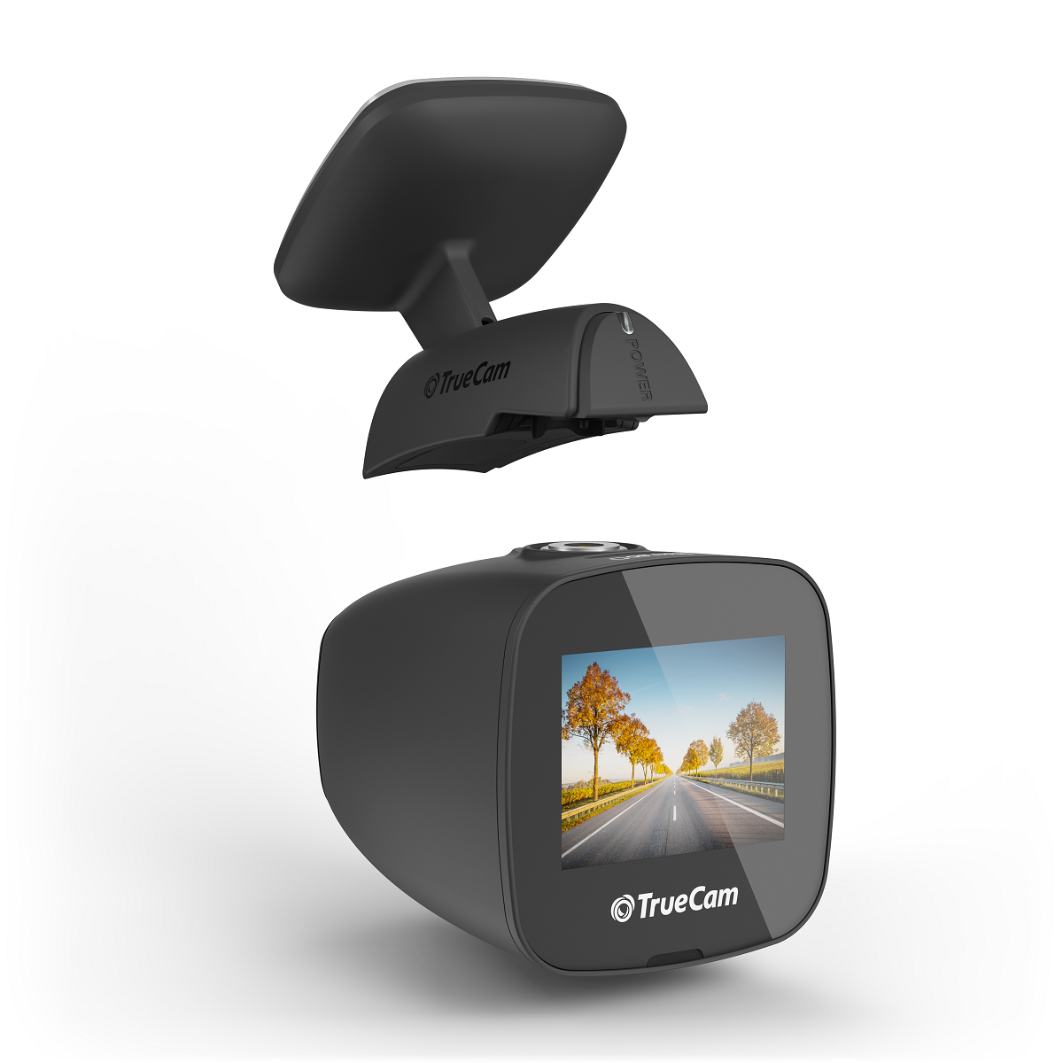 Egy fekete TrueCam dashcam képernyővel és egy külön rögzítődarabbal.