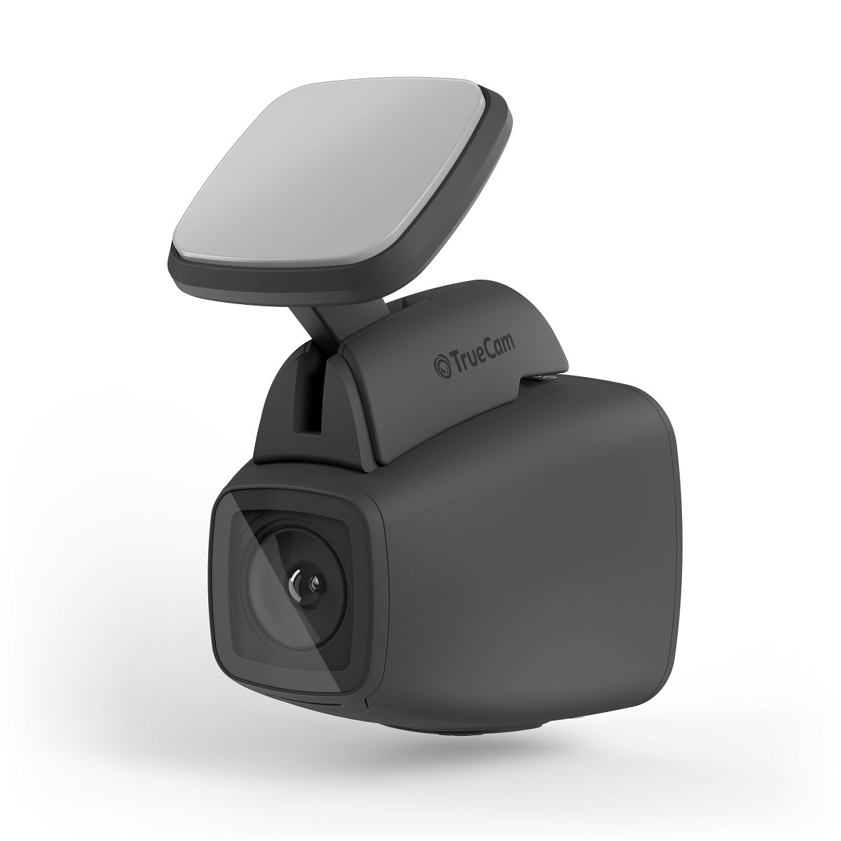 Egy fekete TrueCam dashcam. A képernyő és a rögzítés szögben áll.