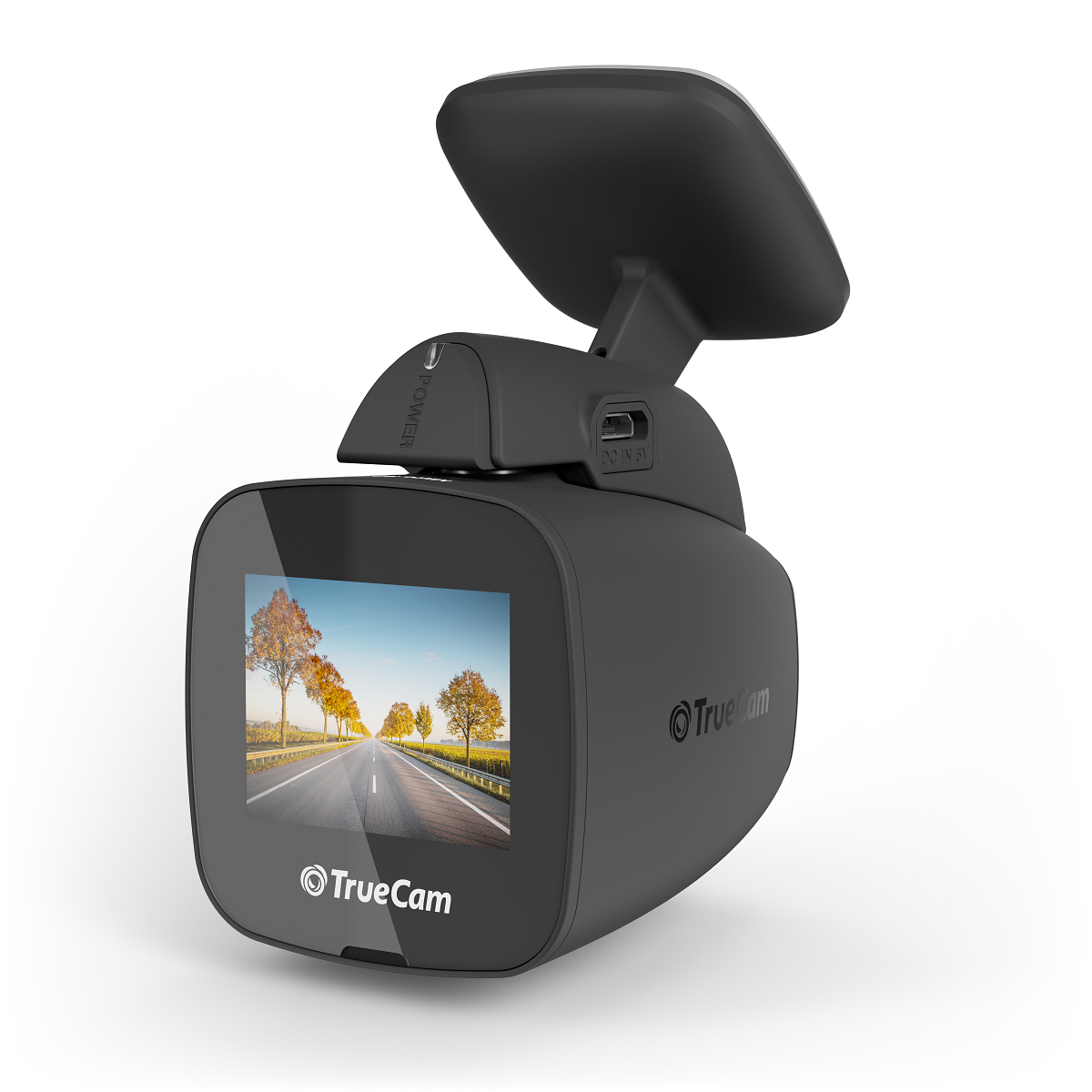 Egy fekete TrueCam dashcam. A képernyő egy fás utat jelenít meg.