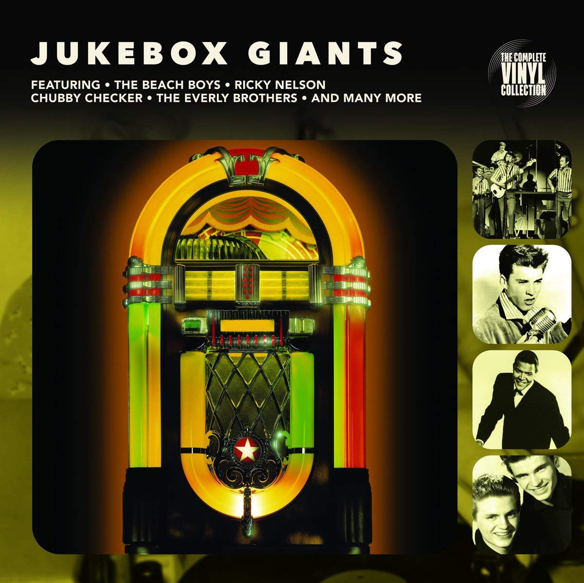 Színes jukebox óriás négy fekete-fehér zenészportréval jobbra.