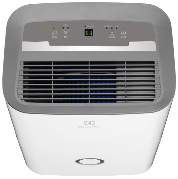 Fehér és szürke párátlanító. Digitális kijelzőjén a '63' látható. Vezérlők: időzítő, ventilátor, mód, be/ki. Látható az Electrolux logója.