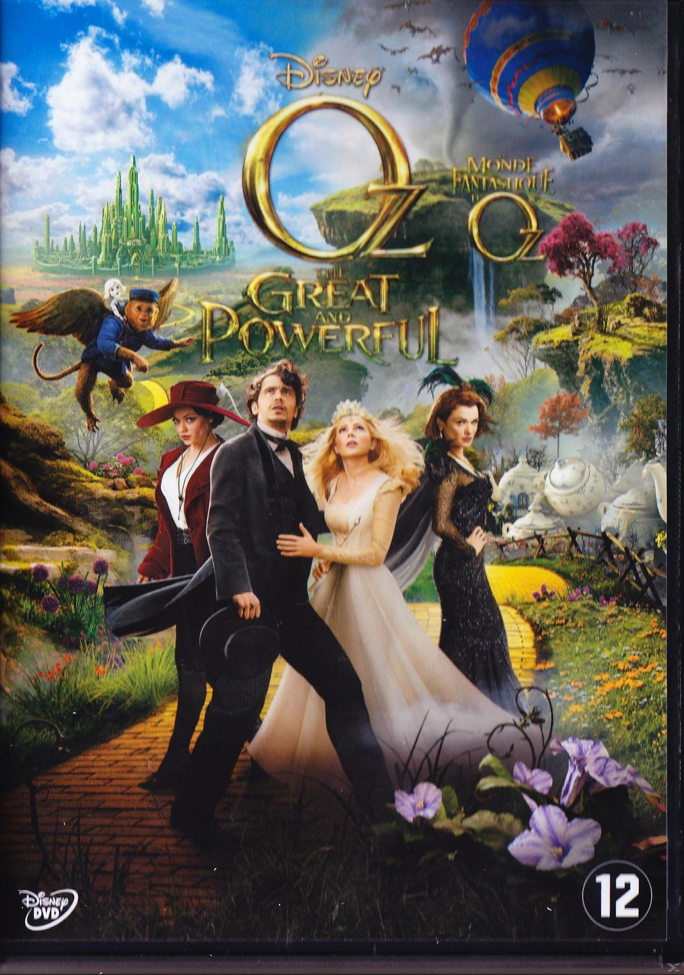 DVD-hoes: Oz the Great and Powerful. Acteurs in kostuum, fantasielandschap.