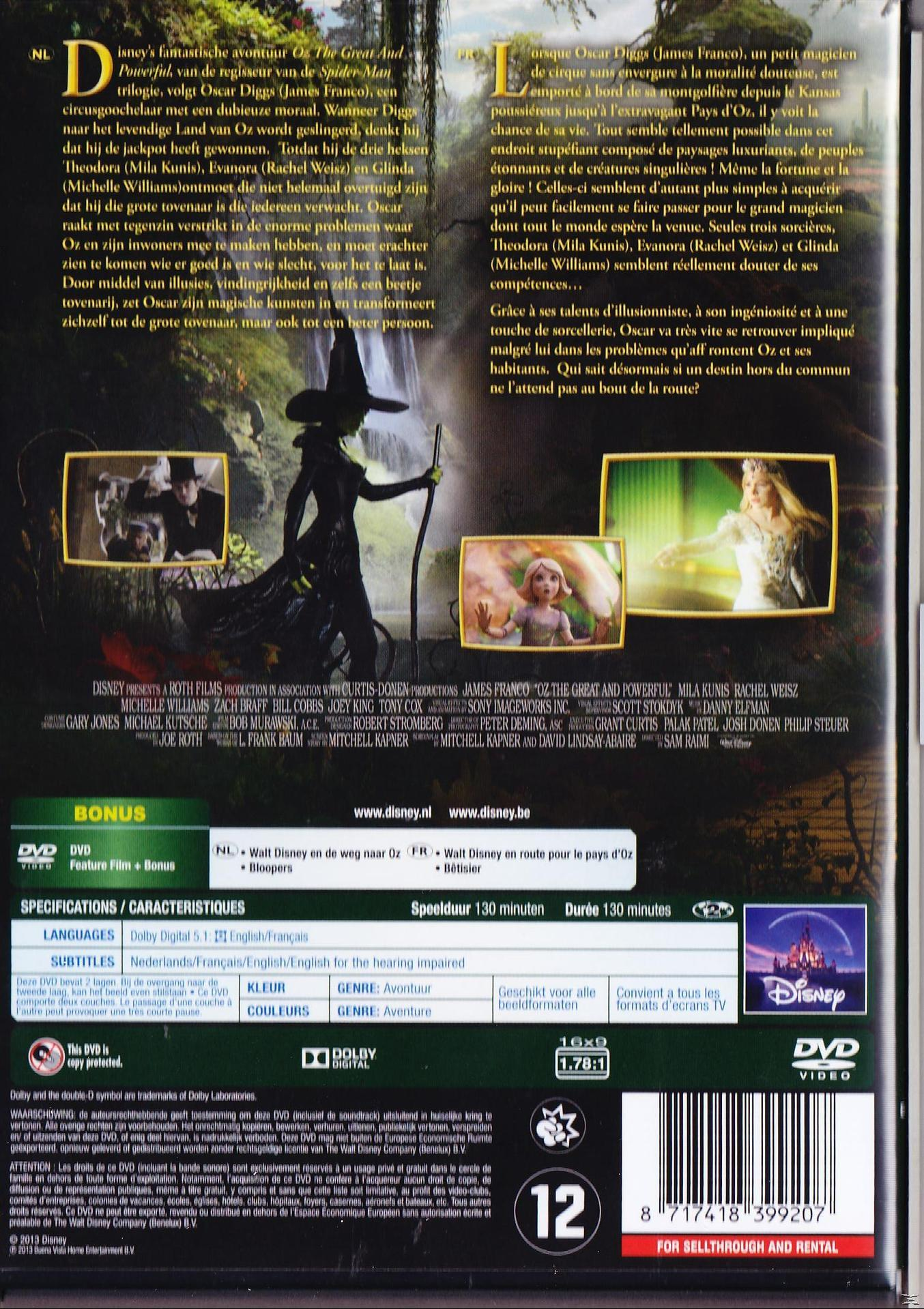 DVD-hoes voor 'Oz the Great and Powerful', met filmstills en tekst in meerdere talen.