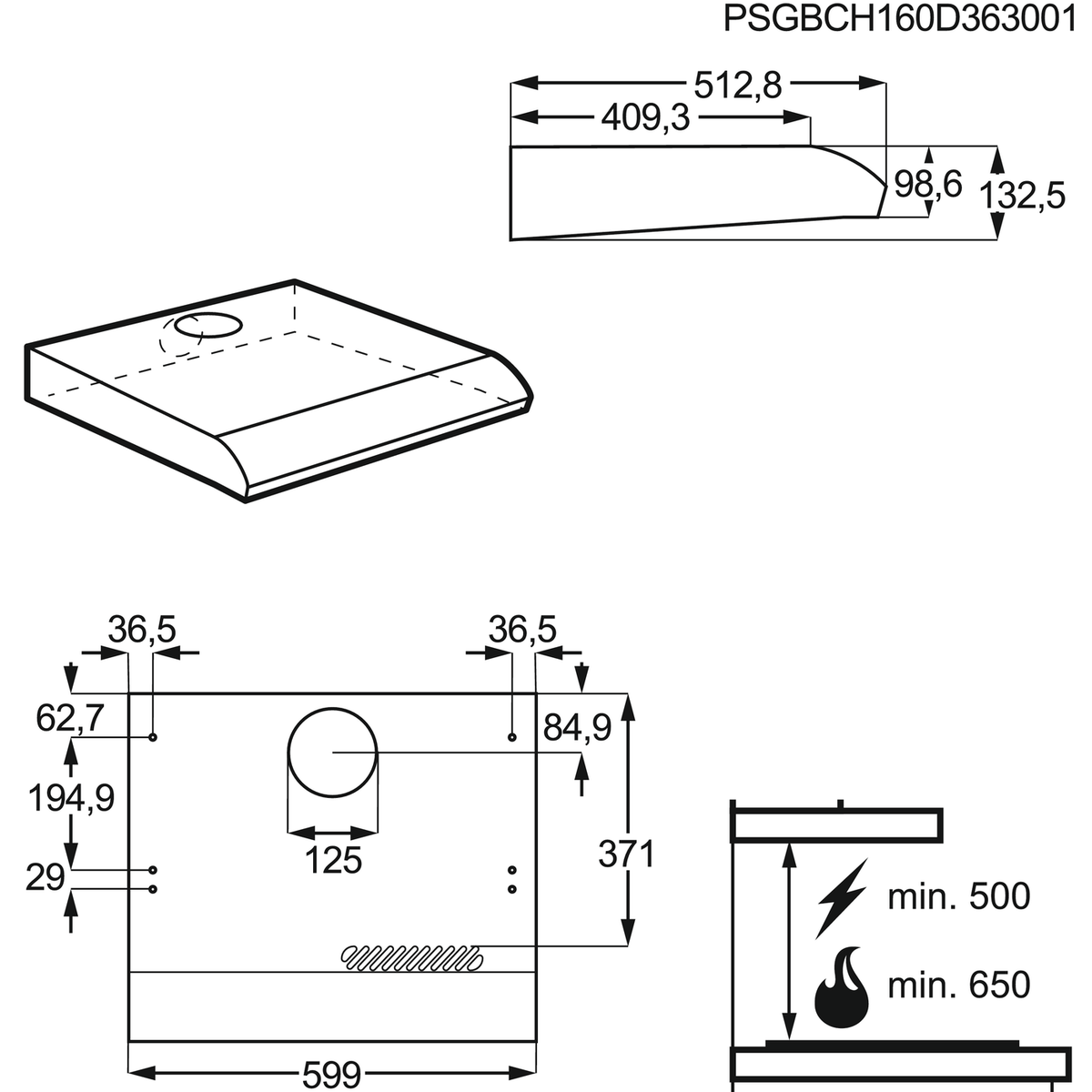 Diagramm mit Maßen, das ein Dunstabzugshauben-Design mit Abmessungen zeigt.