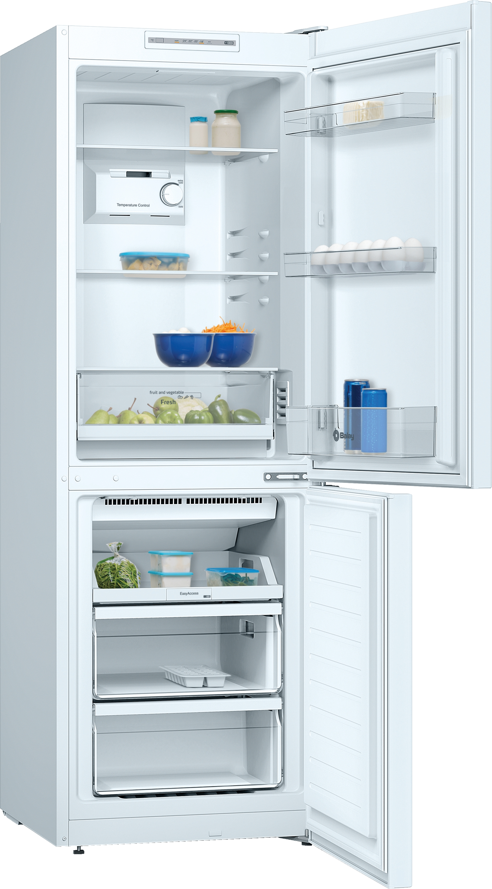 Refrigerador blanco con puertas abiertas, revelando estantes con comida y compartimentos.