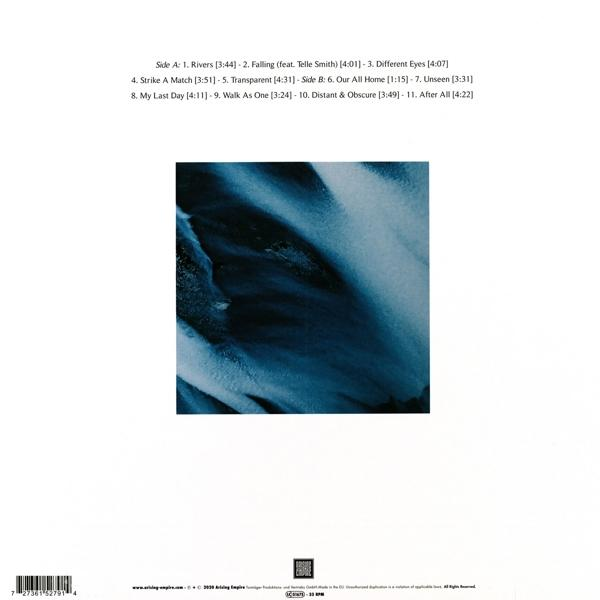Abstraktes blau-weißes Bild mit der Titelliste. Das Bild sieht wie Wasser oder Eis aus.