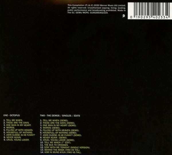 Album-Rückseite mit Titelliste und Text auf dunklem Hintergrund.