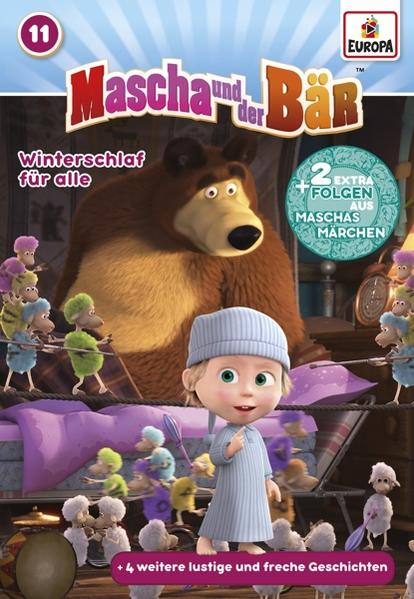 Mascha und der Bär DVD-Cover. Bär, Mädchen im Bett, Schafe und andere Charaktere. Cartoon-Stil.