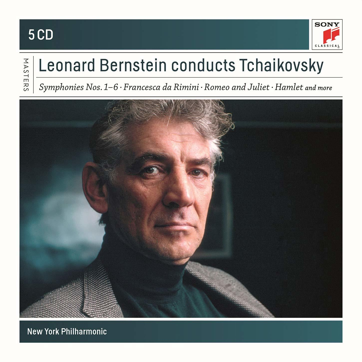 Leonard Bernstein dirigiert Tschaikowsky Albumcover. Mann im Anzug, ernster Ausdruck. 5 CDs.