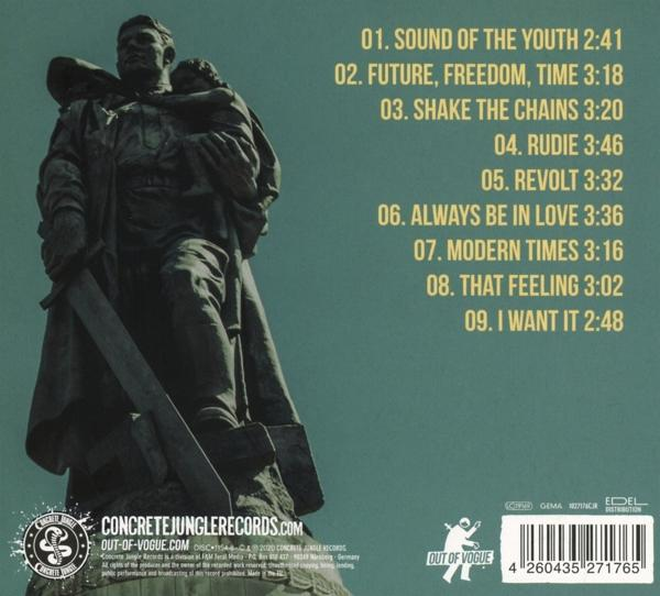 CD-Hüllenrückseite mit Text und Album-Trackliste. Ein Statue-Bild.