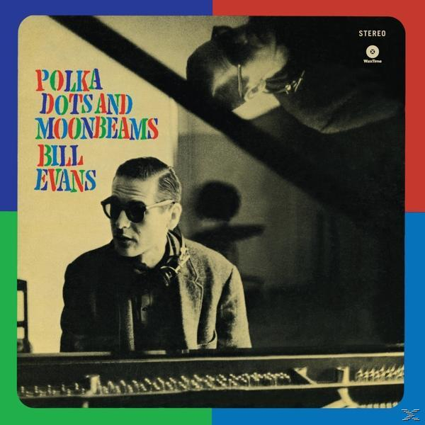 Bill Evans album borítója. Cím: Polka Dots and Moonbeams. Evans zongoránál ül, szemüveggel. Színes keret kék, zöld és piros színekben.
