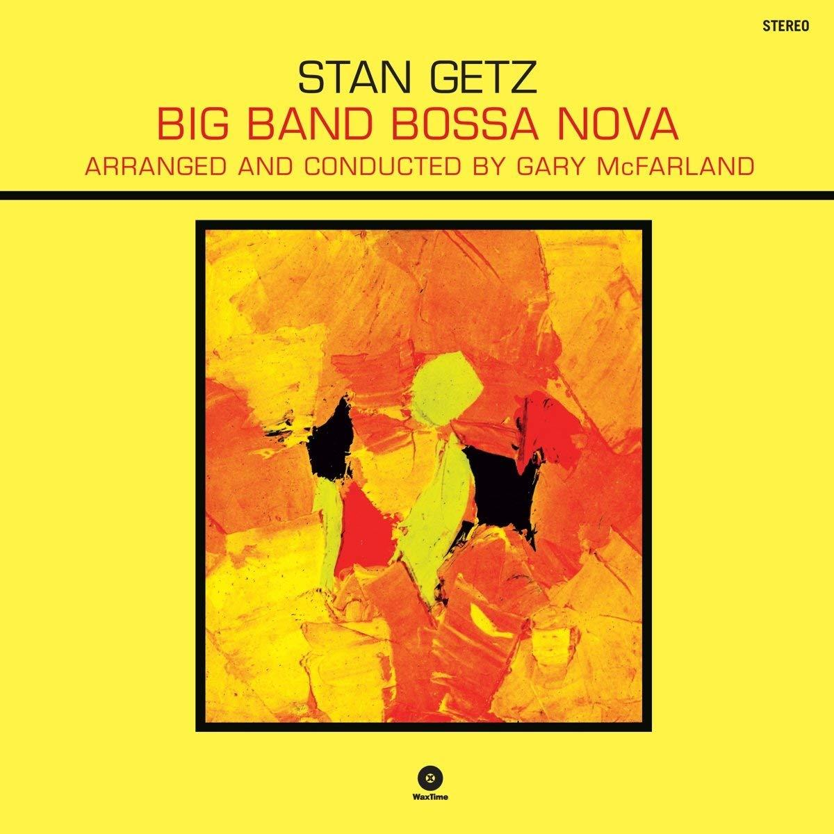 Album borítója sárga, narancs és piros absztrakt művészettel. Cím: 'Big Band Bossa Nova'.