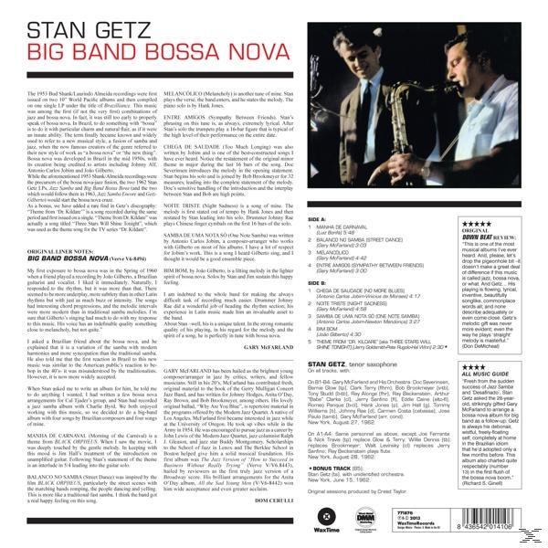 Album borító szöveggel, egy fotó Stan Getz-ről, és a 'Big Band Bossa Nova' cím.