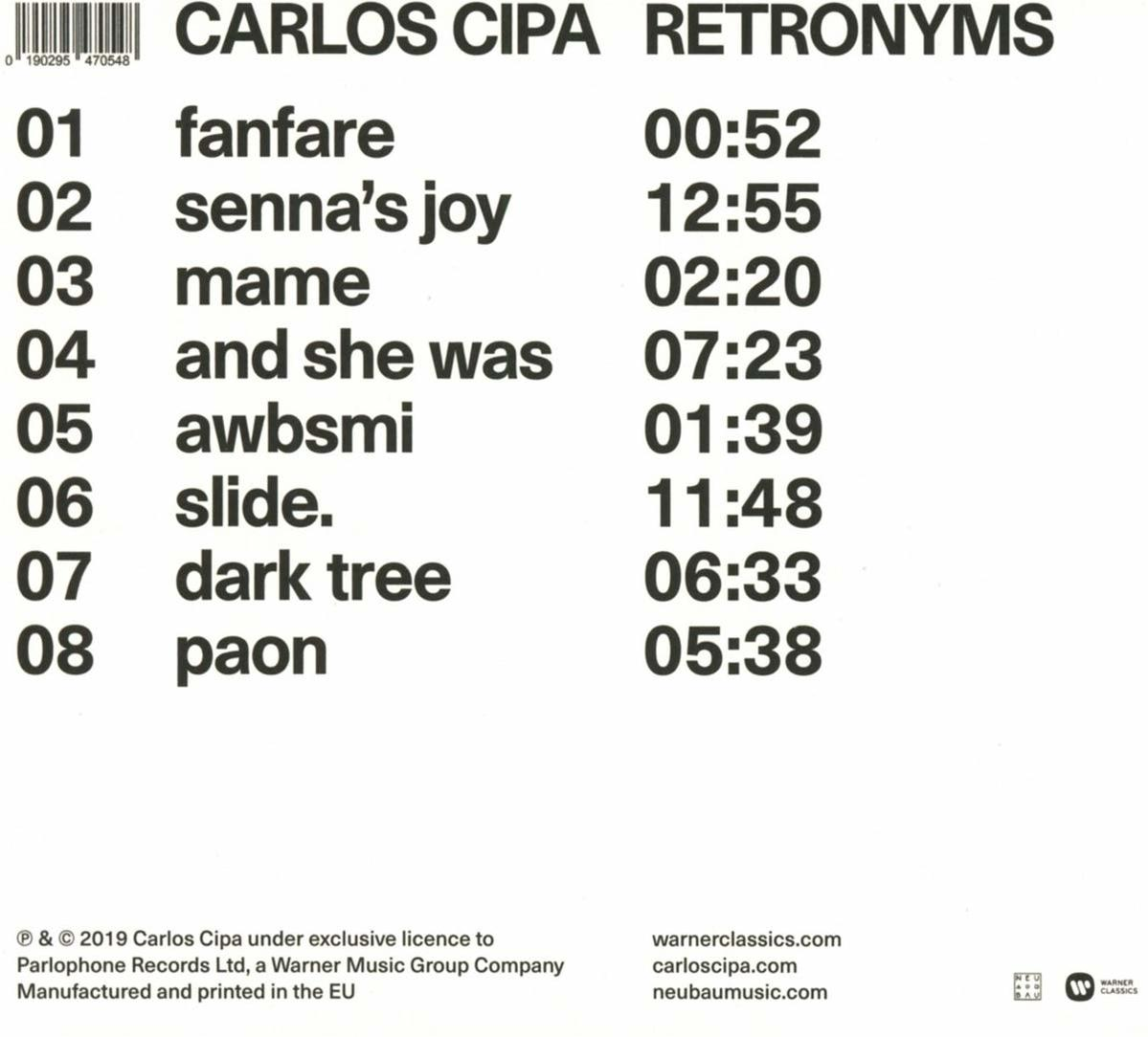 Eine Titelliste für das Album Retronyms von Carlos Cipa, mit Songtiteln und Spieldauern.