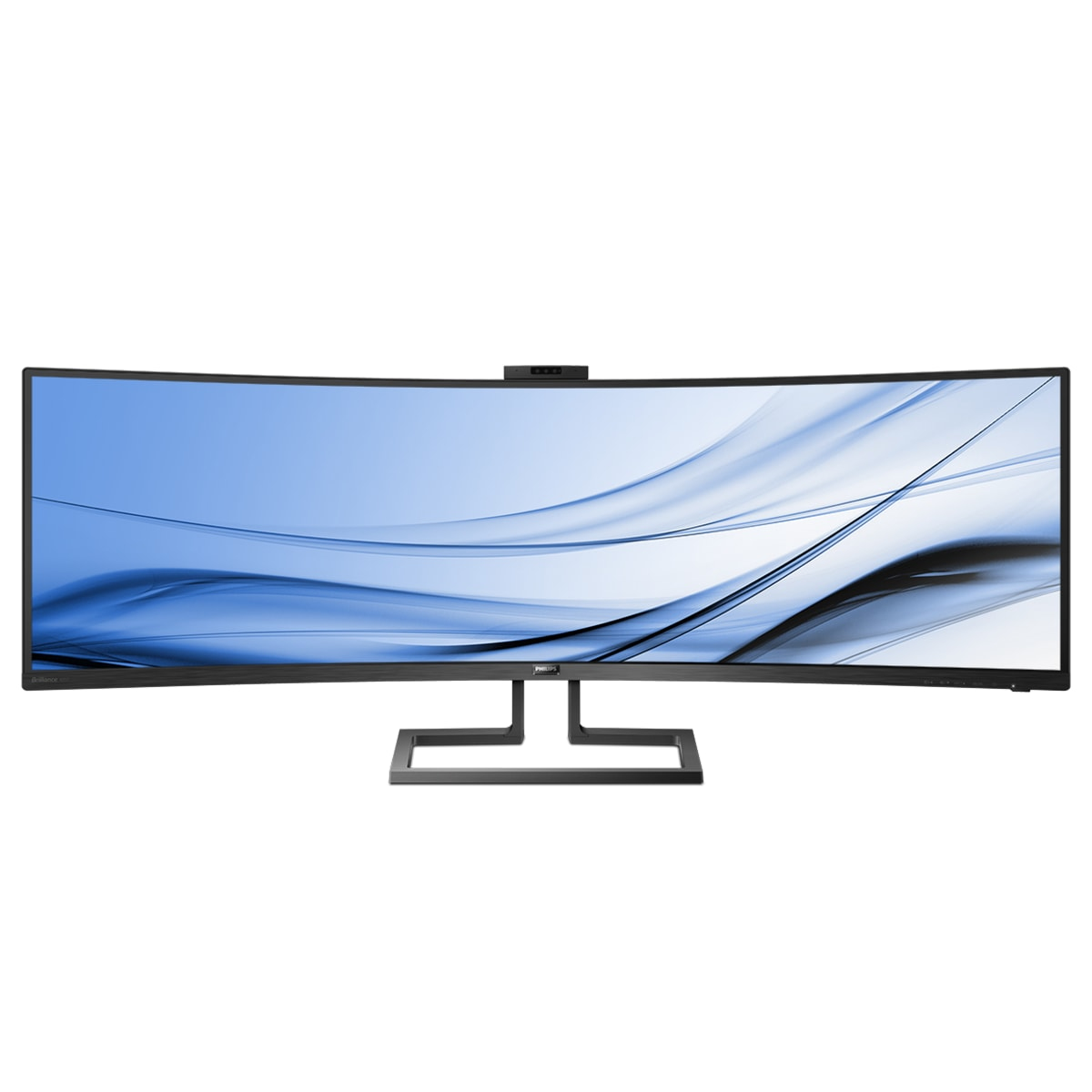 Un monitor Philips ampio e curvo con cornice e supporto neri mostra uno sfondo astratto blu.