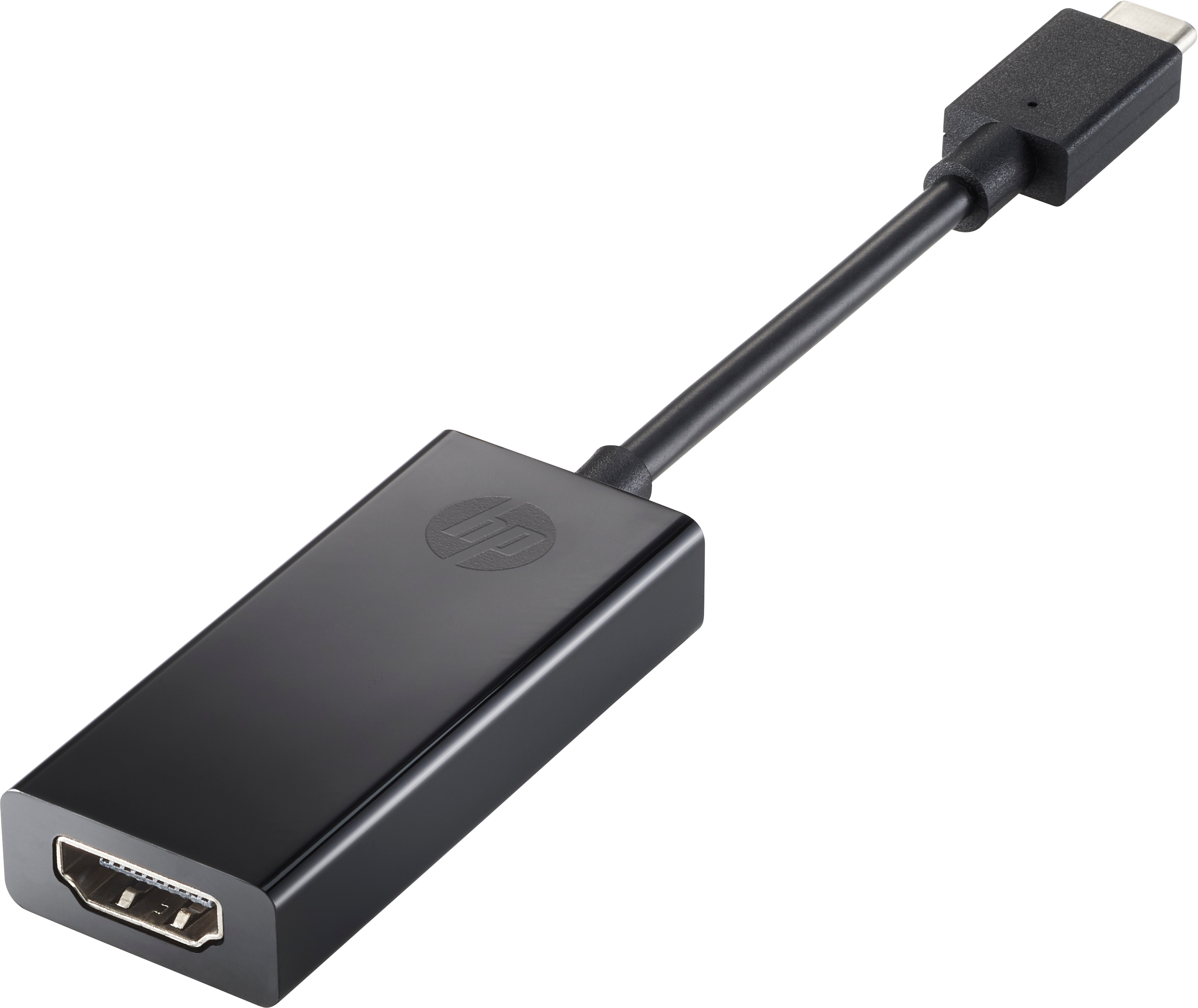 Schwarzer HDMI-zu-USB-C-Adapter. Der Adapter ist schwarz. Der Hintergrund ist weiß. Es hat das HP-Logo darauf.