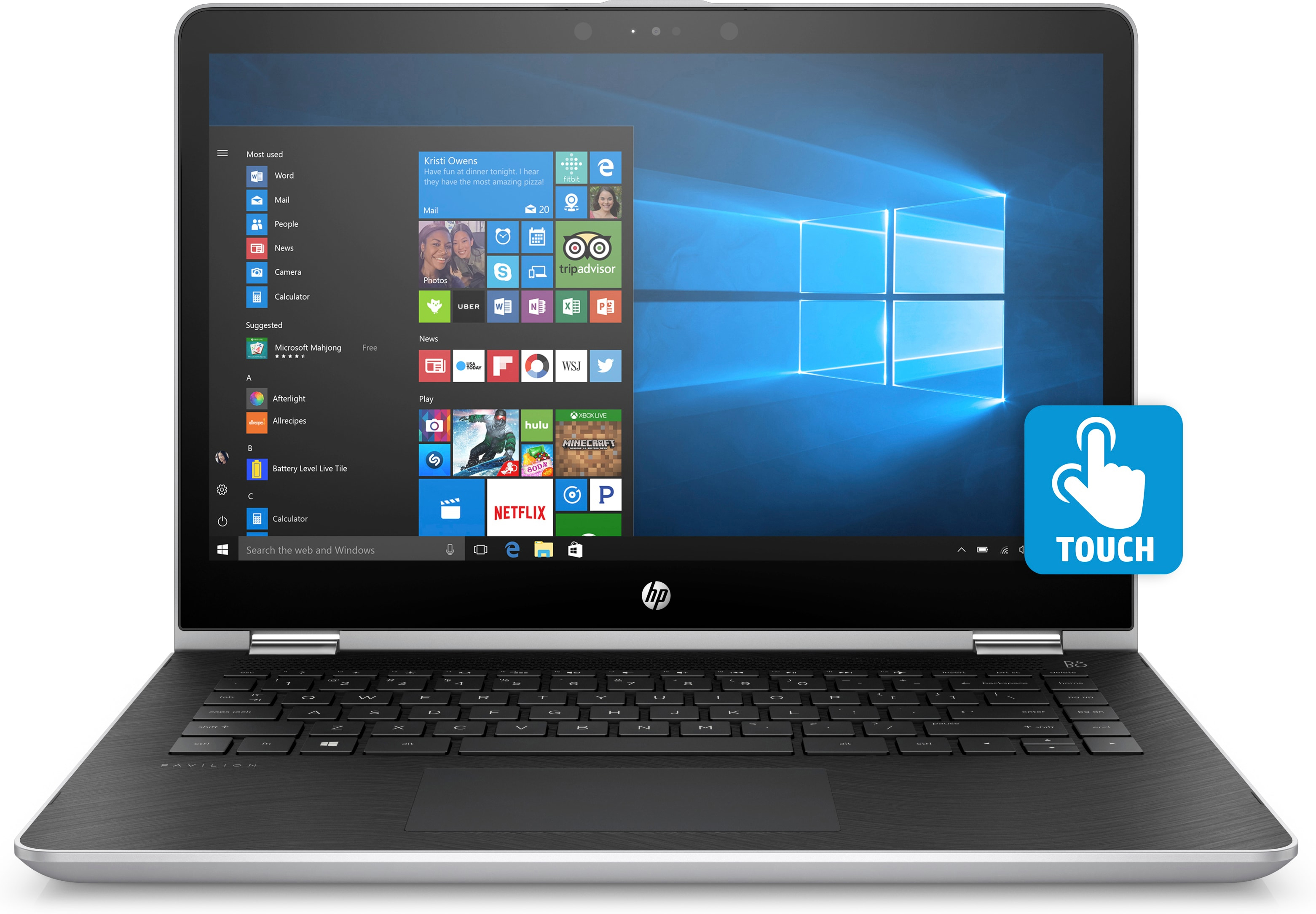 Ein HP-Laptop mit Windows 10 Startmenü und einem blauen Touch-Symbol auf dem Bildschirm.