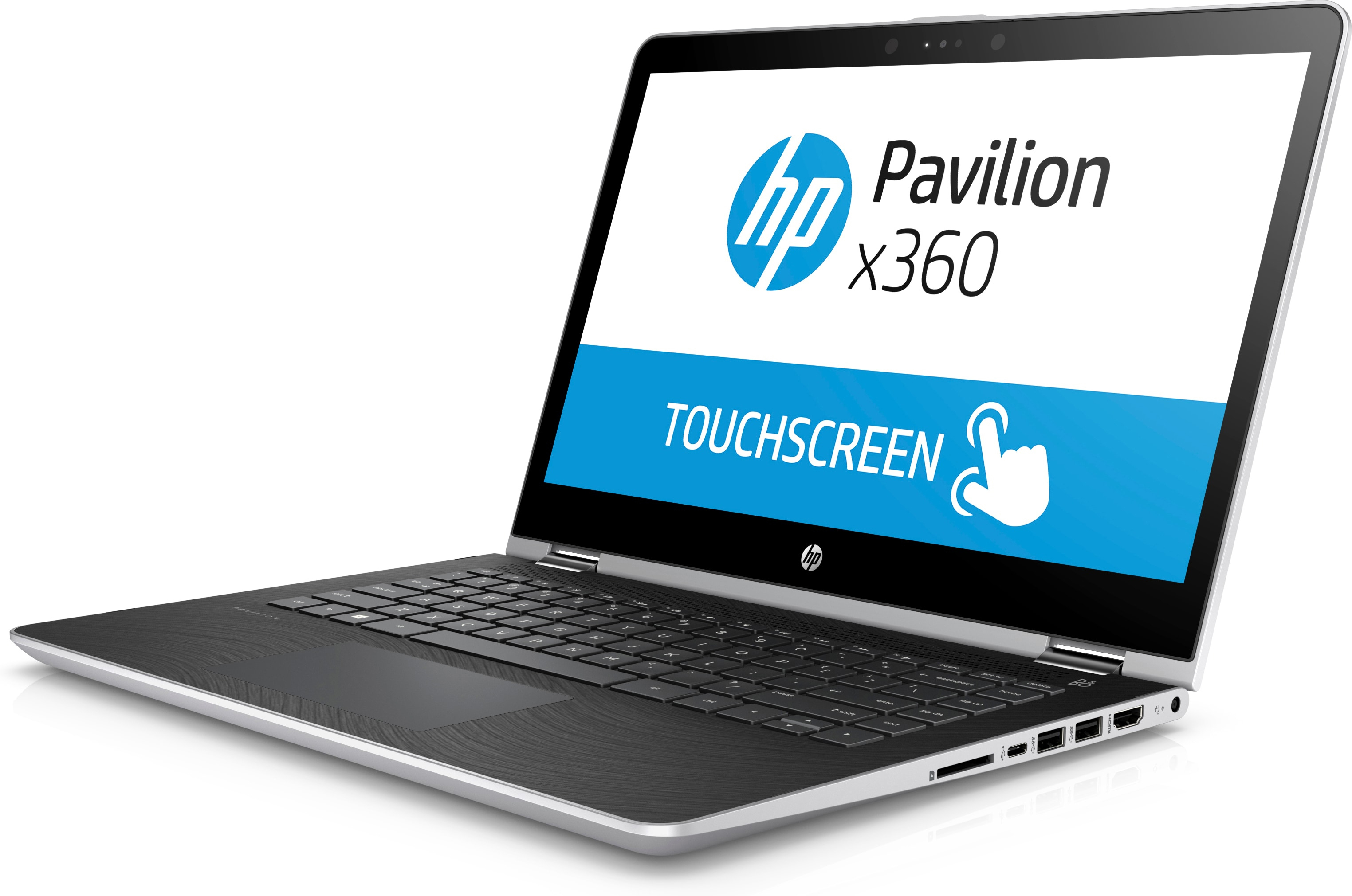 Ein HP Pavilion x360 Laptop mit silbernem Gehäuse und Touchscreen-Display.