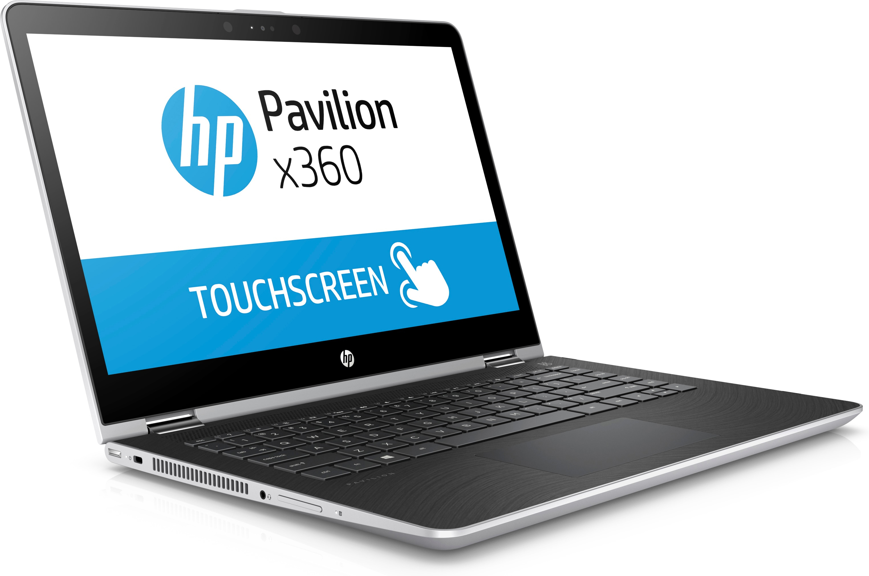 Ein silberner HP Pavilion x360 Laptop mit einem Touchscreen-Display.