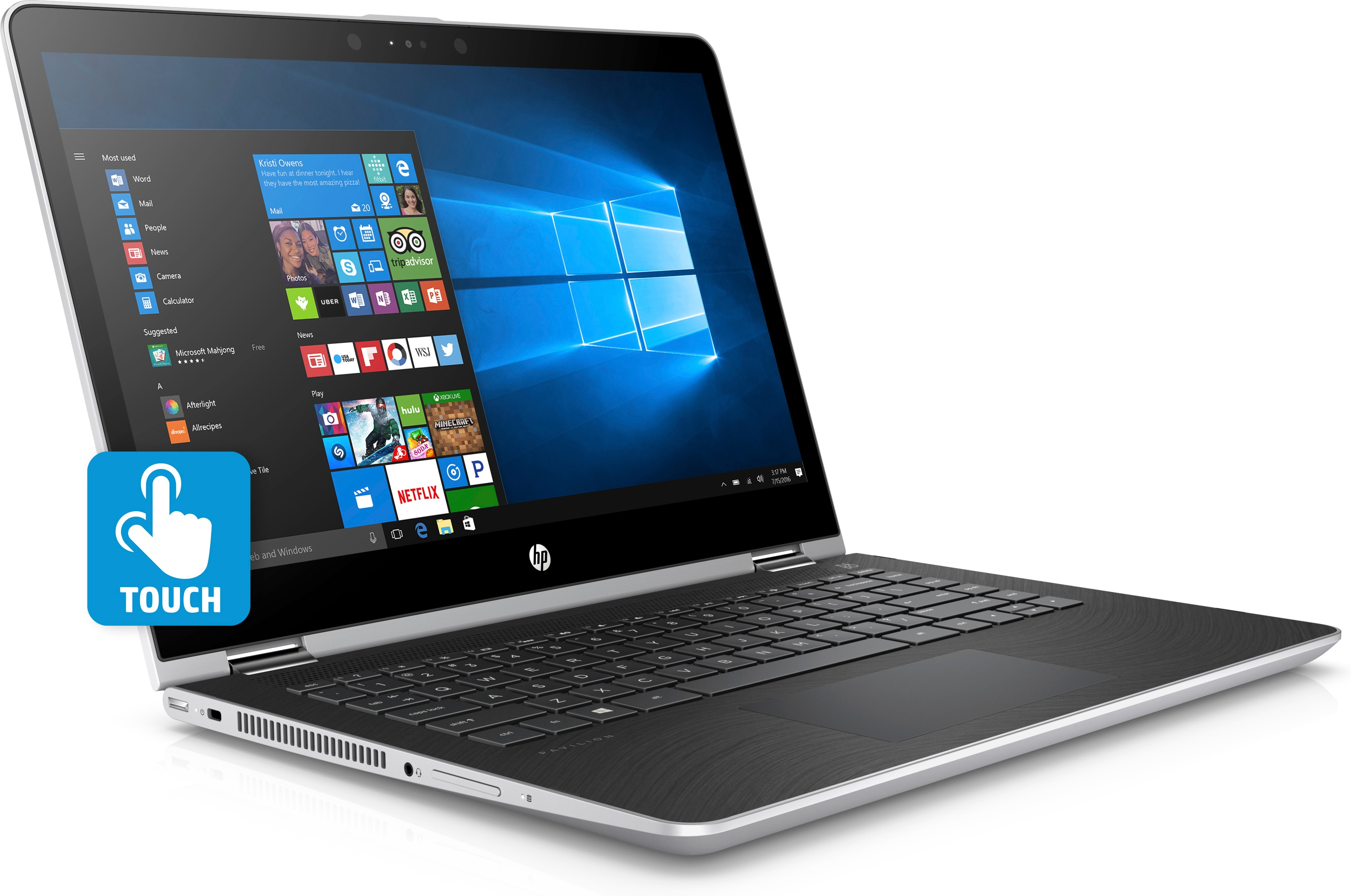 Ein silberner HP Laptop zeigt das Windows 10 Startmenü auf dem Bildschirm.