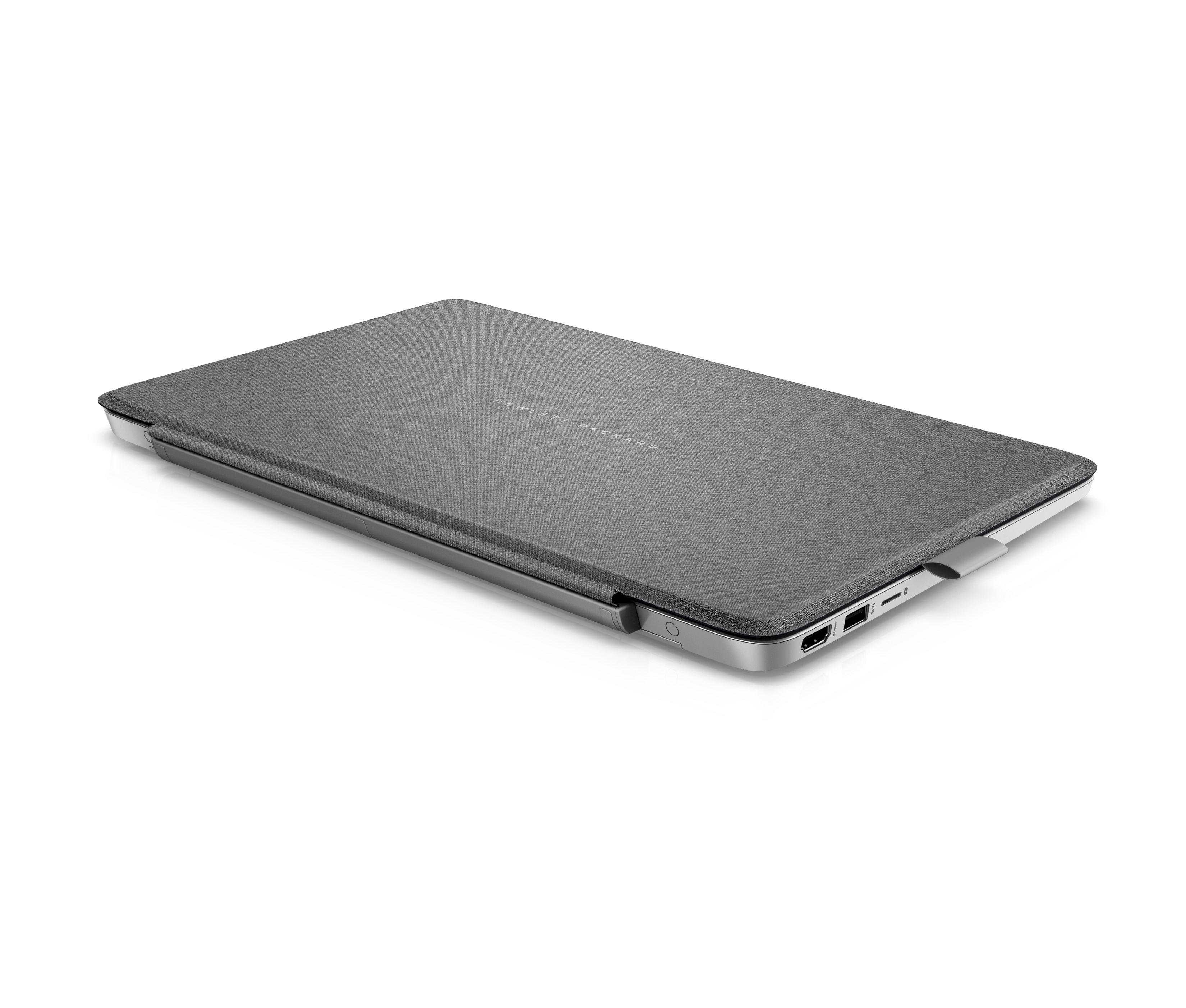 Ein grauer Laptop in geschlossener Stoffhülle auf weißem Hintergrund.