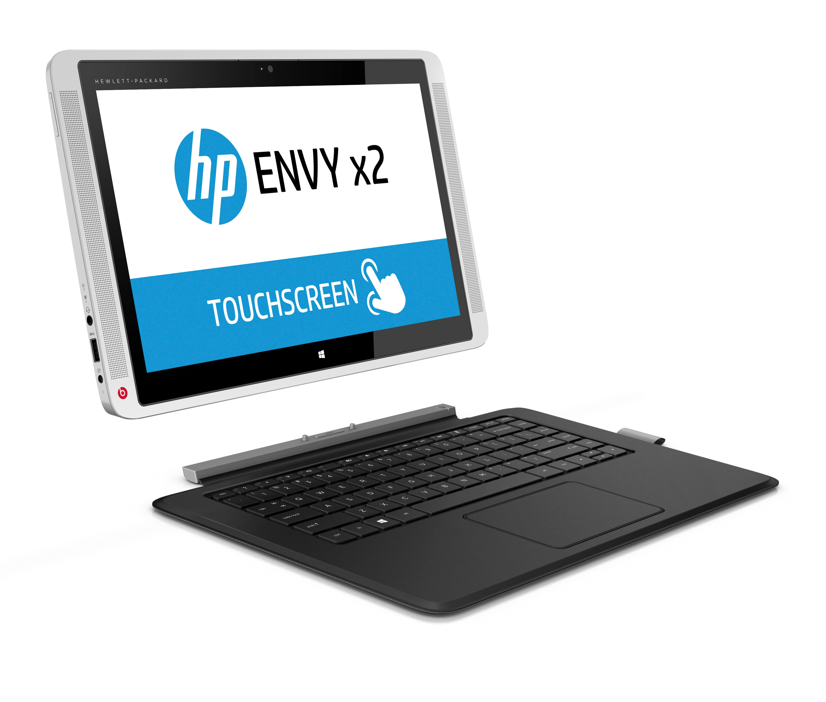 HP Envy x2 Hybrid-Gerät mit abnehmbarem Touchscreen-Tablet und schwarzer Tastatur auf weißem Hintergrund.