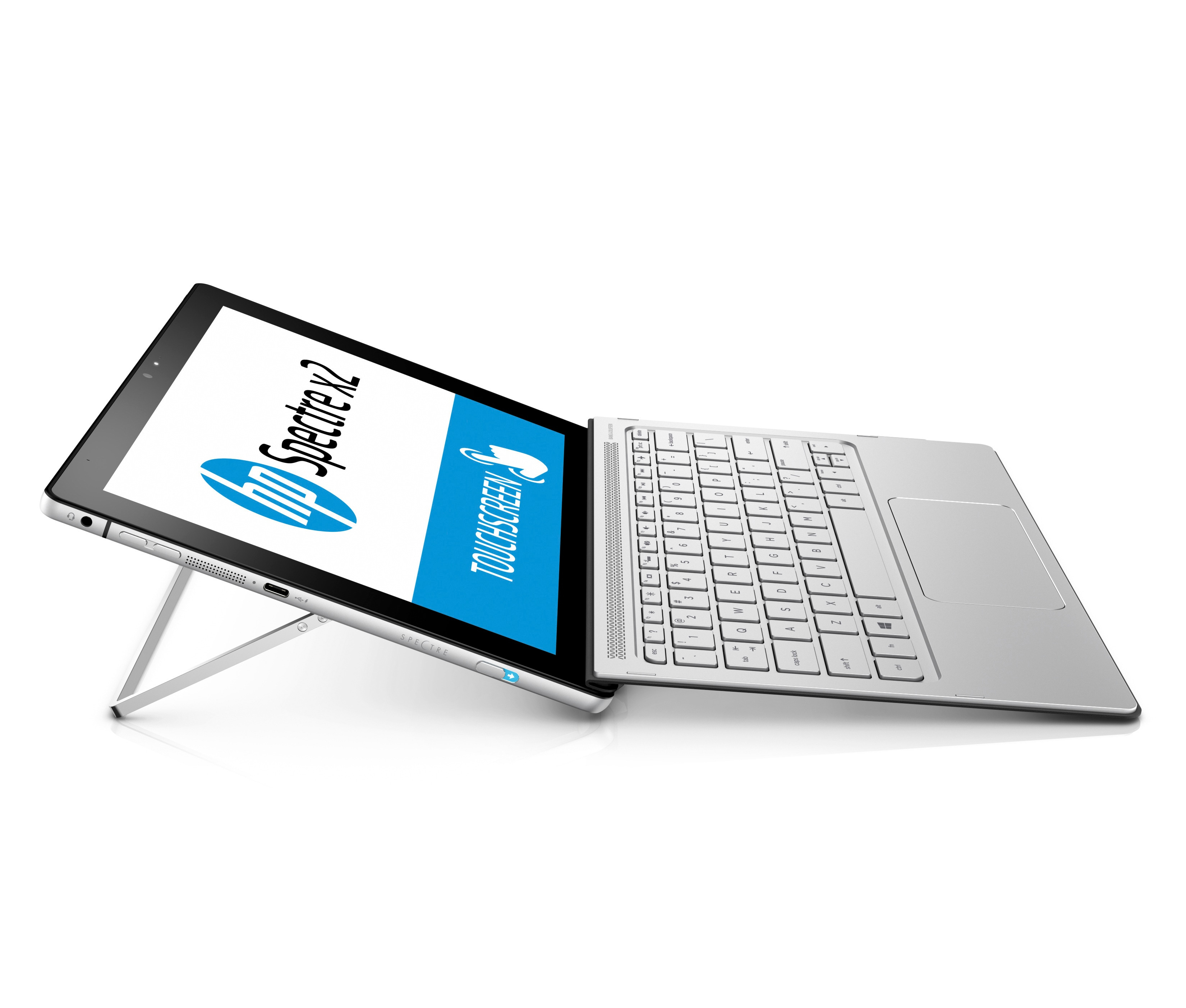 Ein HP Spectre x2 Hybrid-Laptop mit abnehmbarer silberner Tastatur und Standfuß für den Touchscreen.