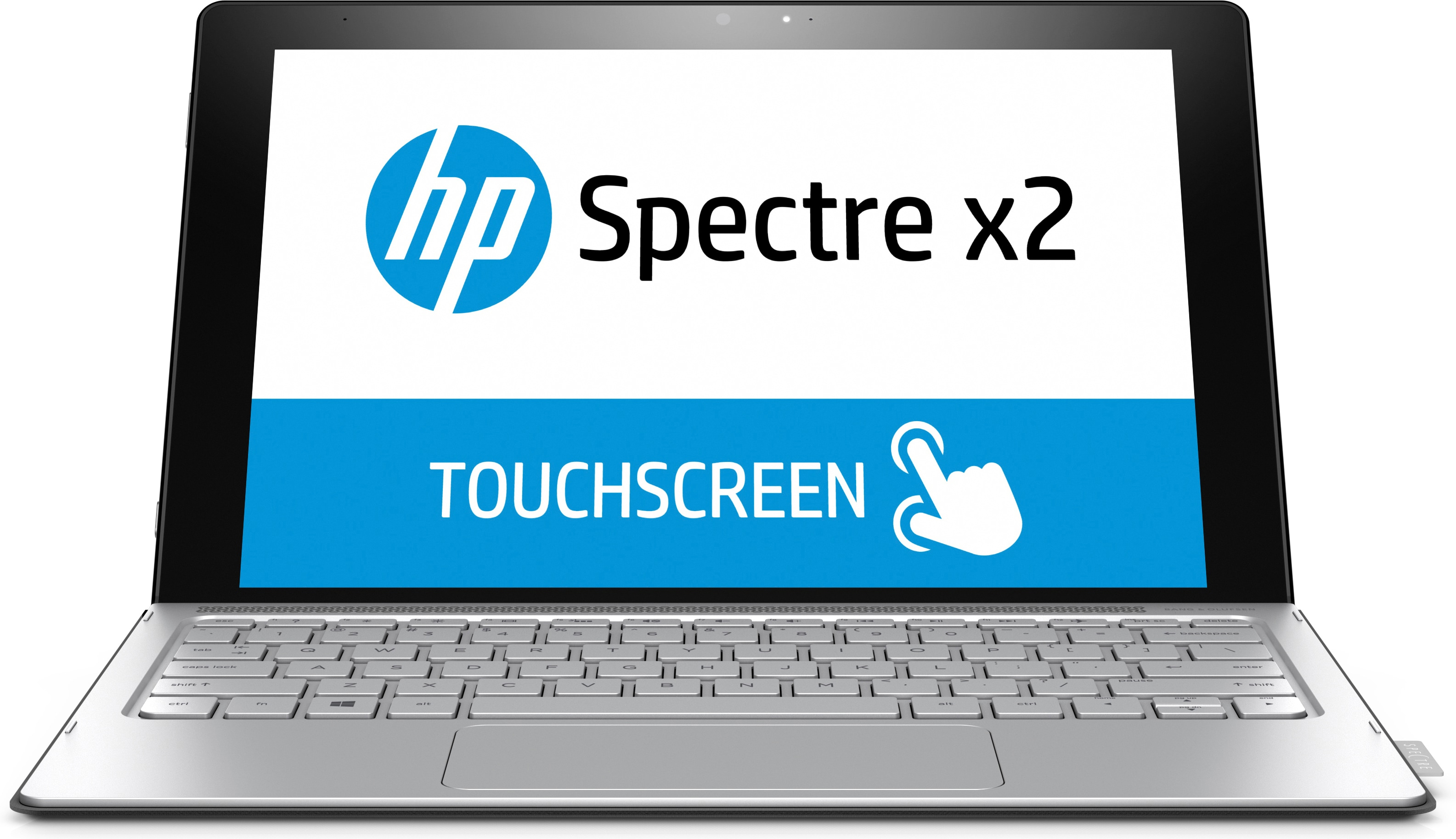 HP Spectre x2 Laptop mit weißem Display, blauem HP-Logo und integriertem Touchscreen sowie silberschauer Tastatur.