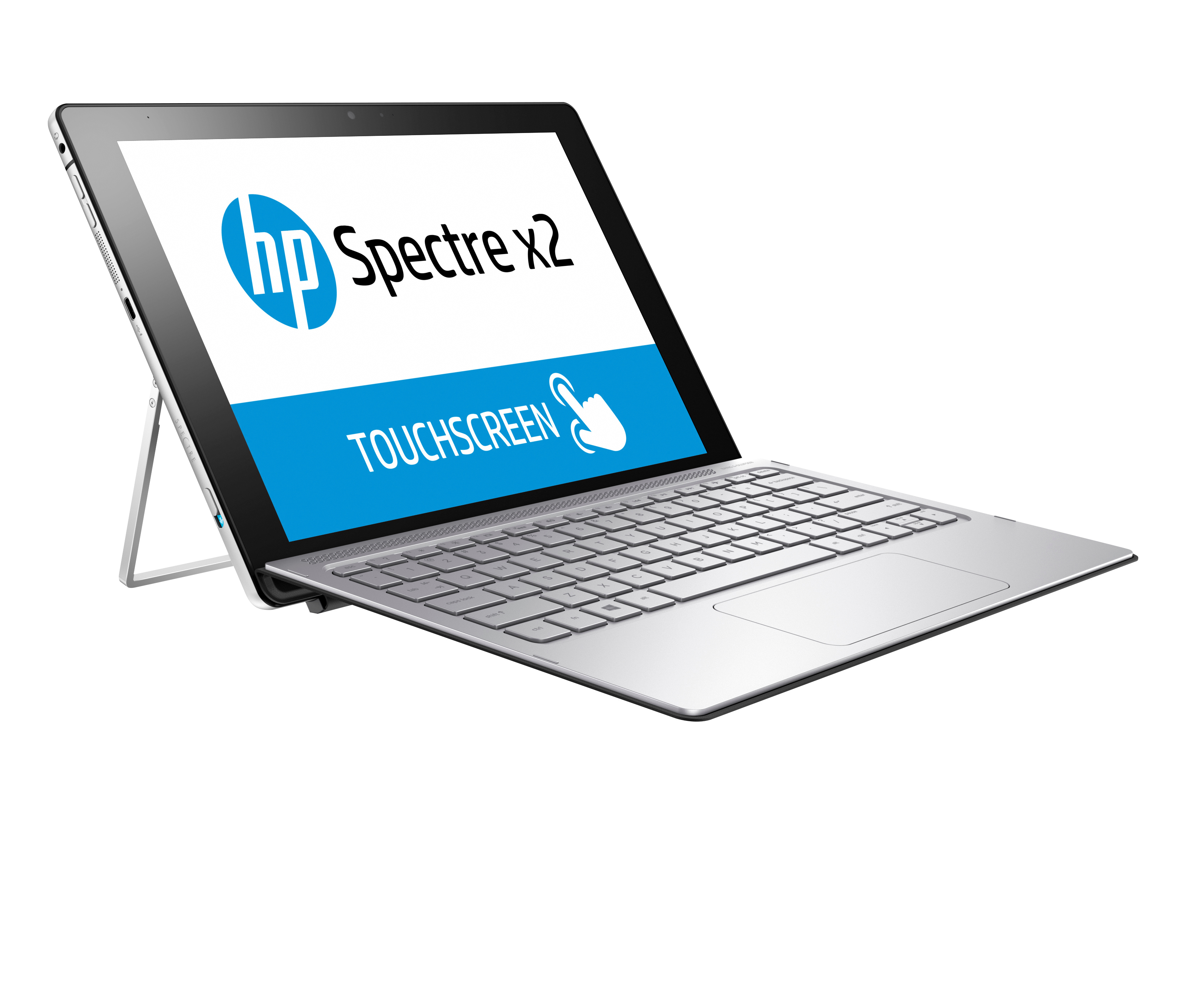 HP Spectre x2 2-in-1-Laptop mit Ständer und abnehmbarer Tastatur, der Bildschirm zeigt das HP-Logo und 'Touchscreen'.