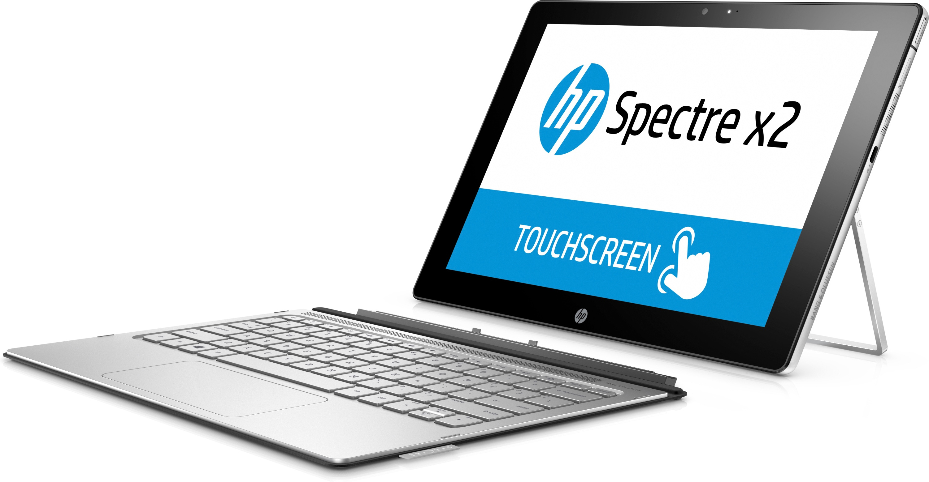 HP Spectre x2 2-in-1-Laptop mit abnehmbarer Tastatur auf weißem Hintergrund.