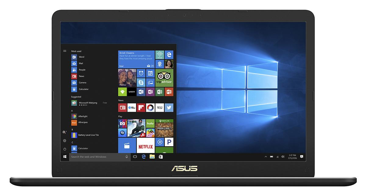 Ein schwarzer Asus-Laptop mit dem Windows 10 Startmenü auf dem blauen Desktop-Hintergrund.