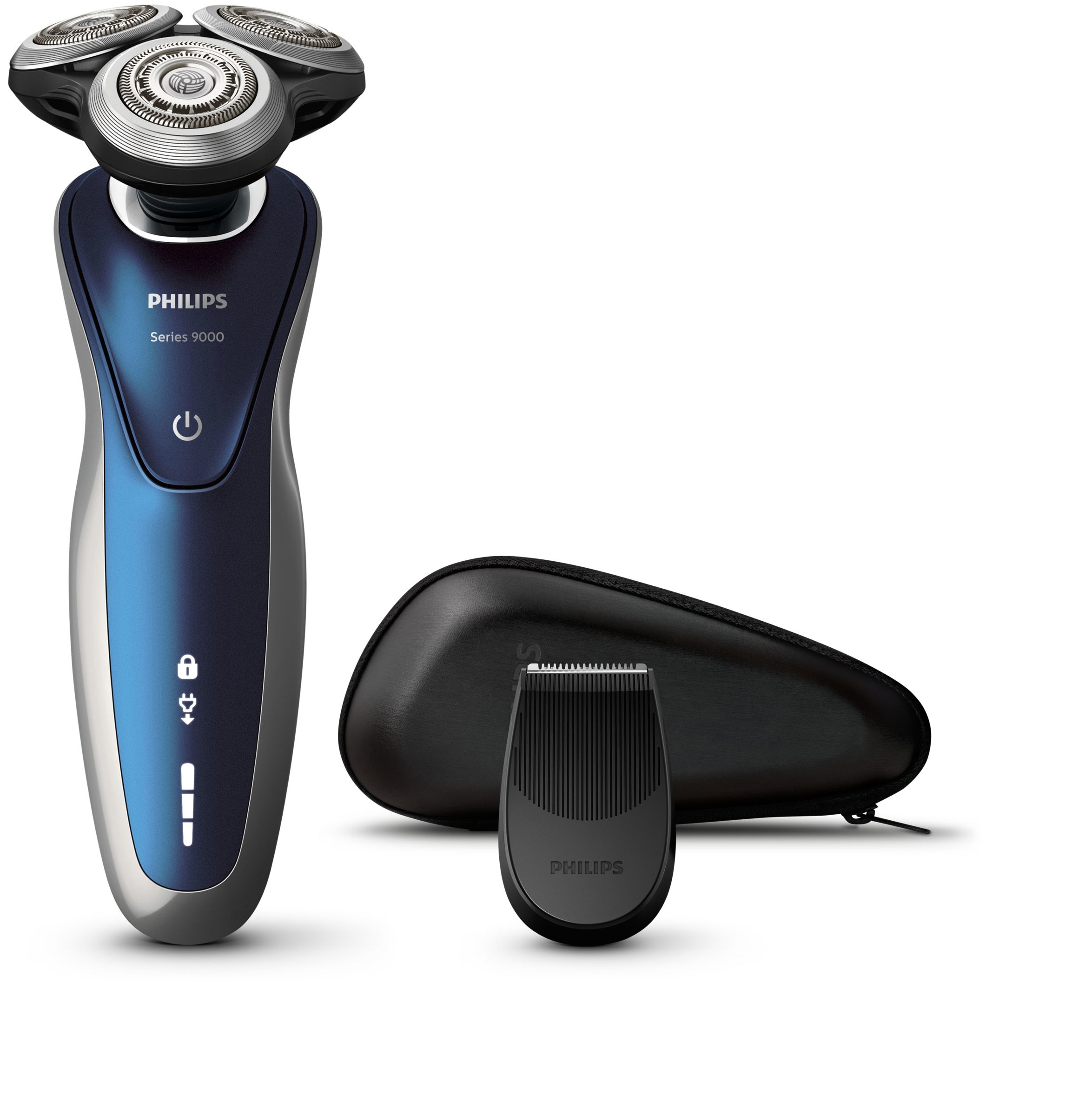Ein blau-silberner Elektrorasierer mit drei Rotationsköpfen, einem Trimmer und einer schwarzen Reisetasche.