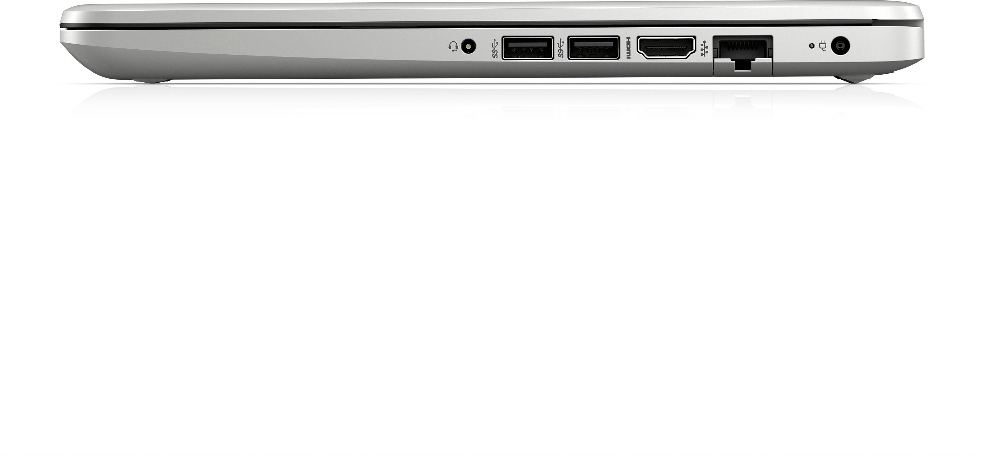 Silberner Laptop mit Anschlüssen und Tasten an der Seite, auf einer weißen Oberfläche.