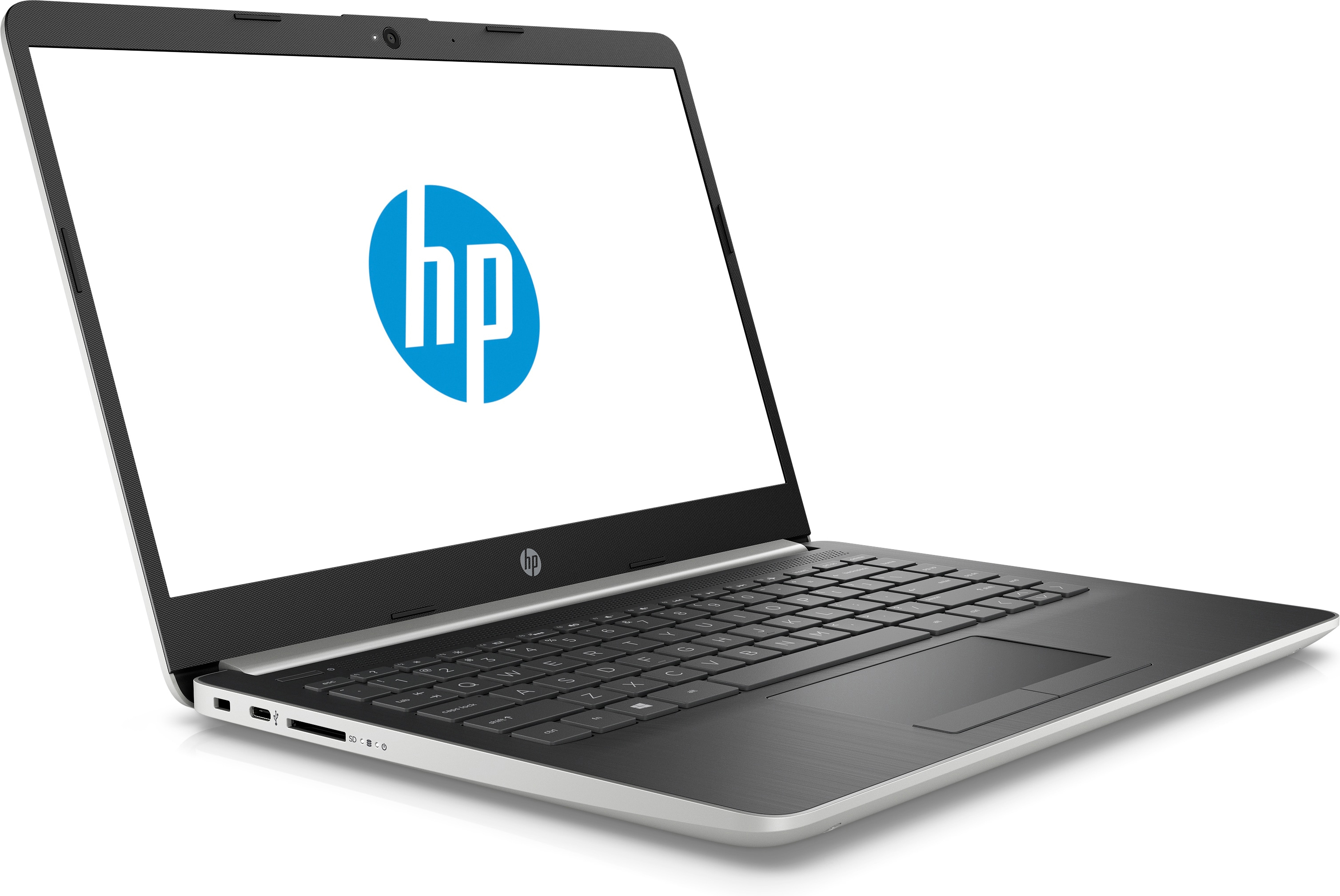 Laptop mit HP-Logo, schwarzer Tastatur und silbernem Gehäuse.