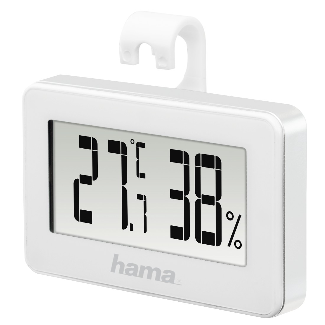 White digital thermometer displaying 27.1°C and 38% humidity.