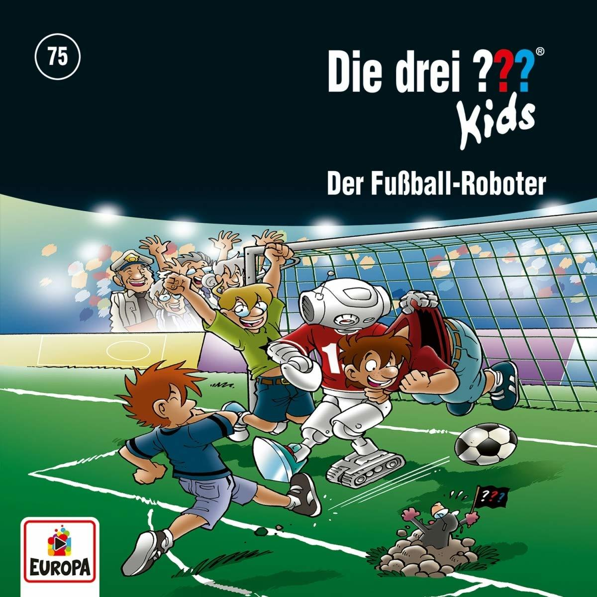 Comic-Cover mit drei Kindern, die Fußball spielen, einem Roboter und einem Tor mit Stadionhintergrund.