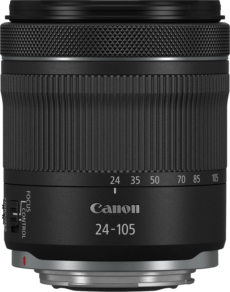Fekete Canon objektív gyűrűs textúrával és 24-105 számokkal. 'Canon 24-105' felirat.