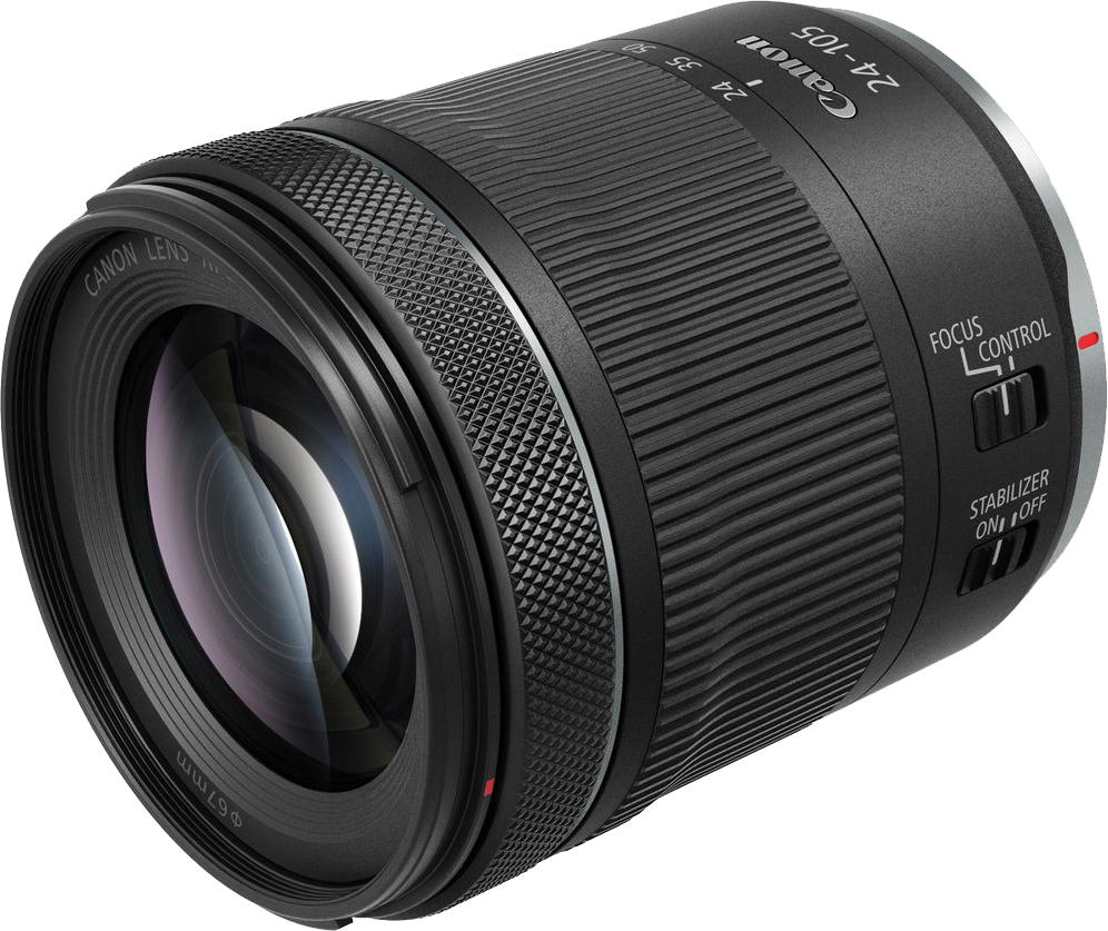 Fekete objektív, Canon, 24-105, fókusz és stabilizátor vezérlők.