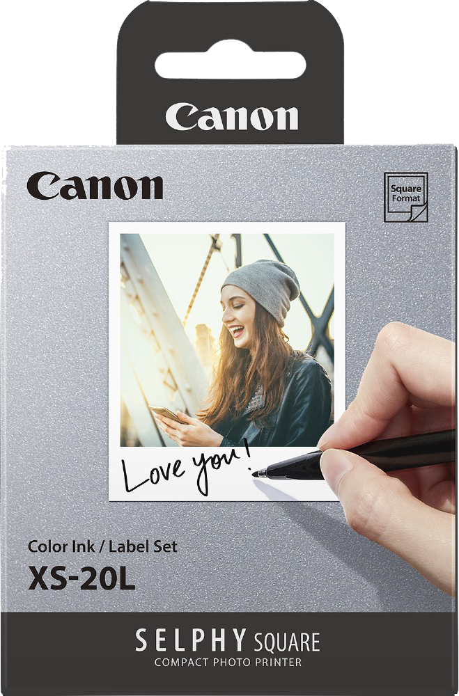 Canon Selphy Square nyomtató doboz. Egy fotóra írnak. 'Love you!' van ráírva.