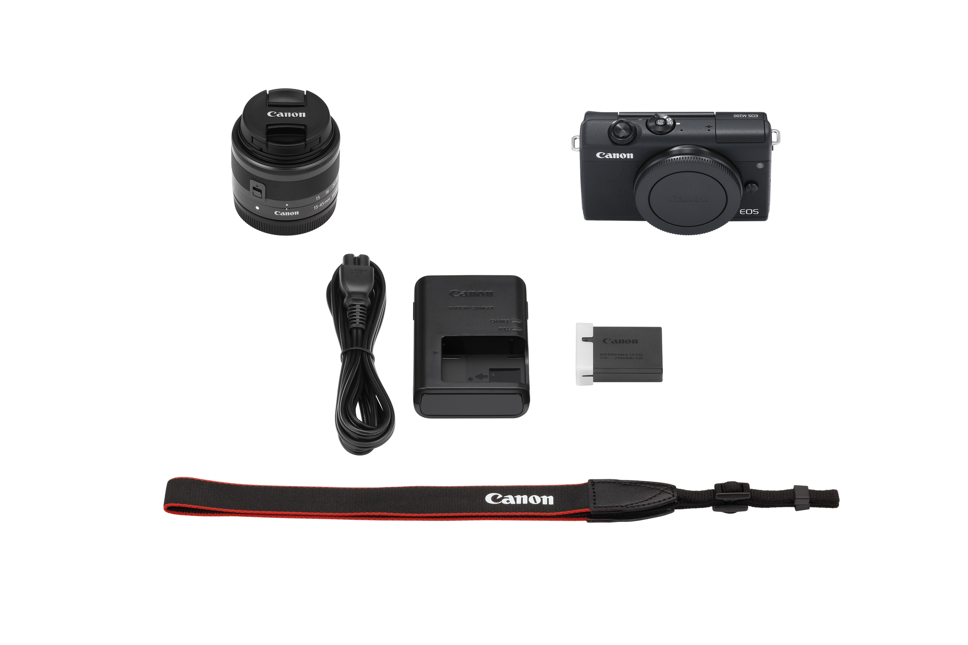 Canon camerakit met camera, lens, oplader en riem.