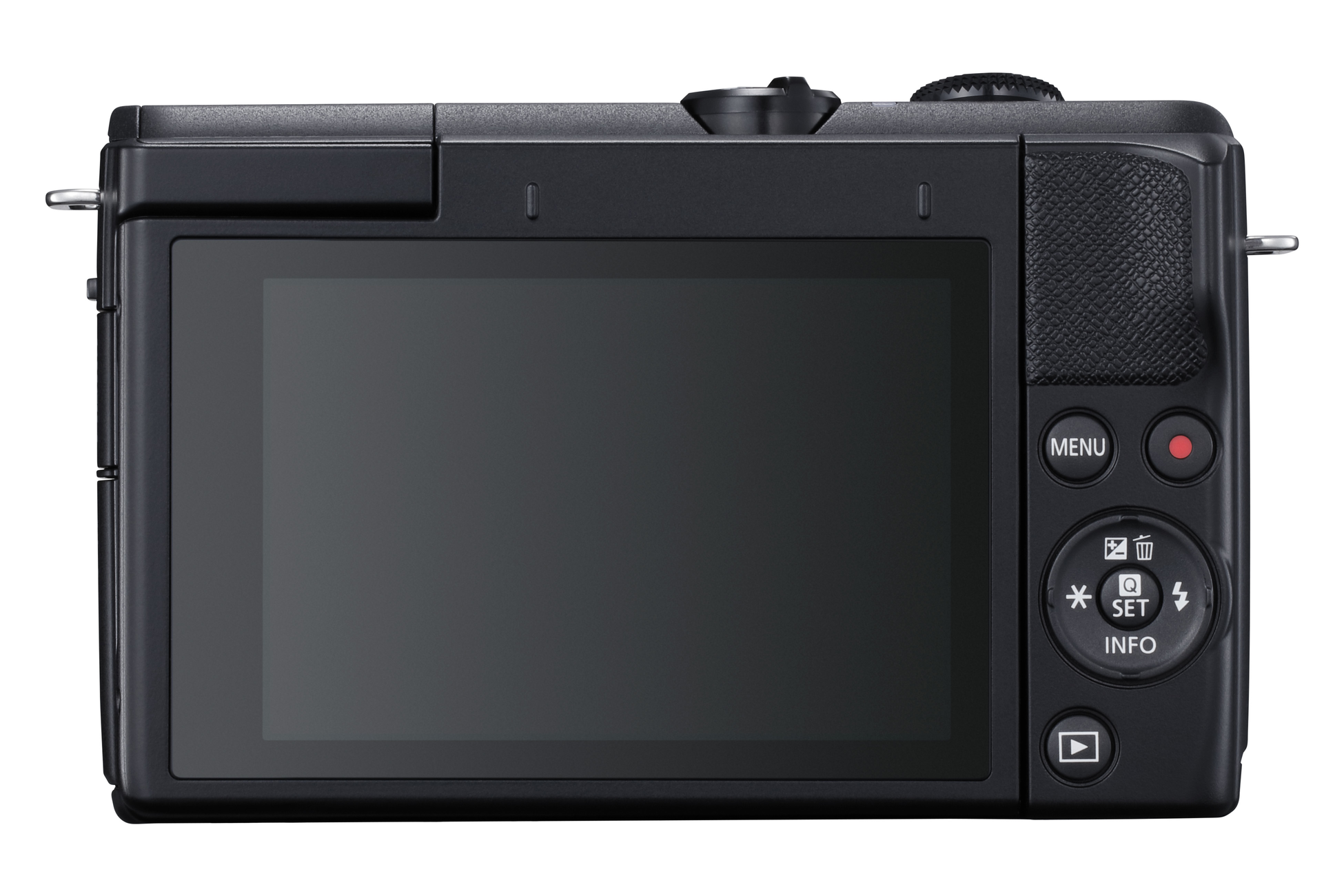 Achterkant van een zwarte Canon camera met scherm, knoppen en draaiknoppen.