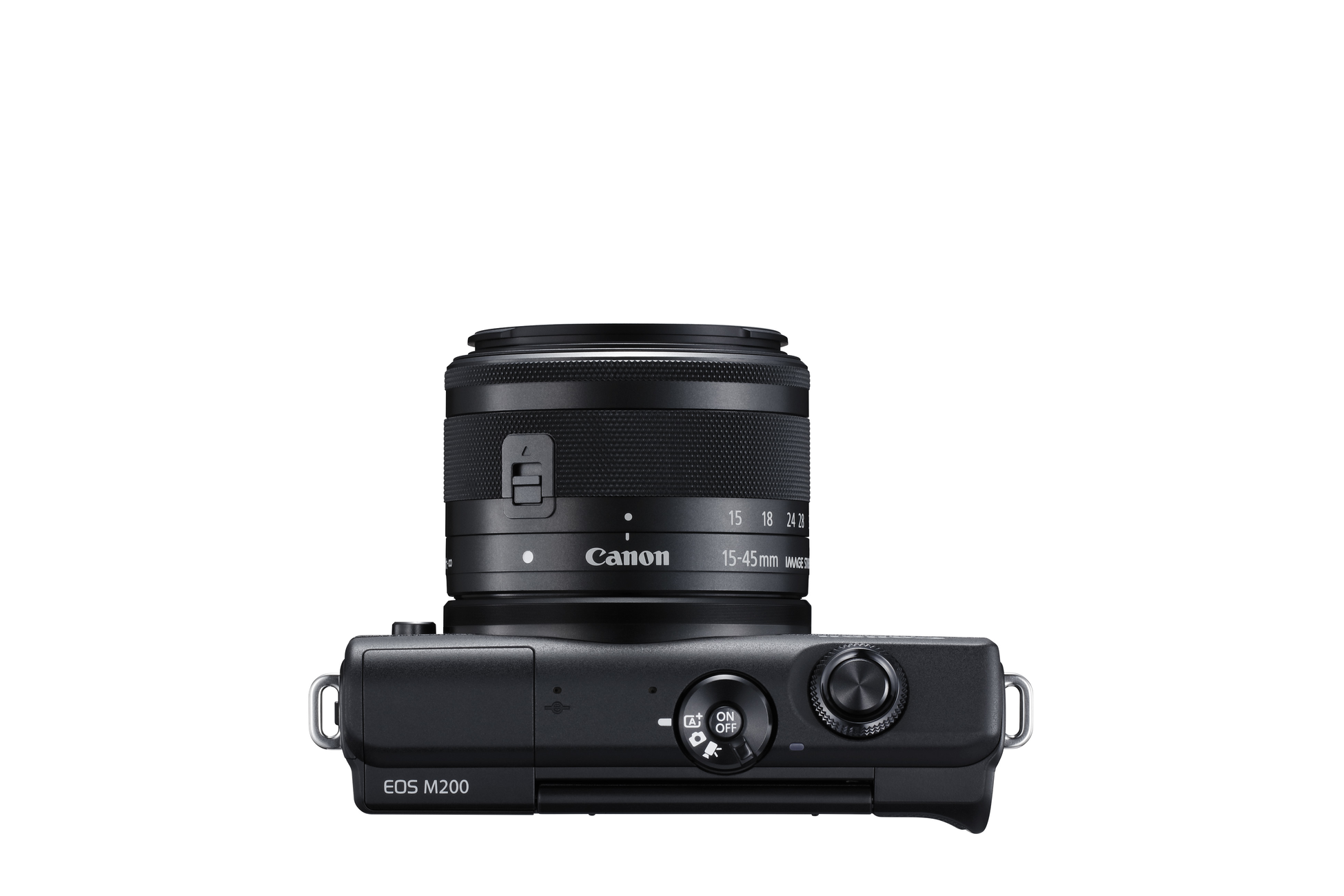 Een bovenaanzicht van een Canon EOS M200 camera met een lens bevestigd. De camera is zwart.