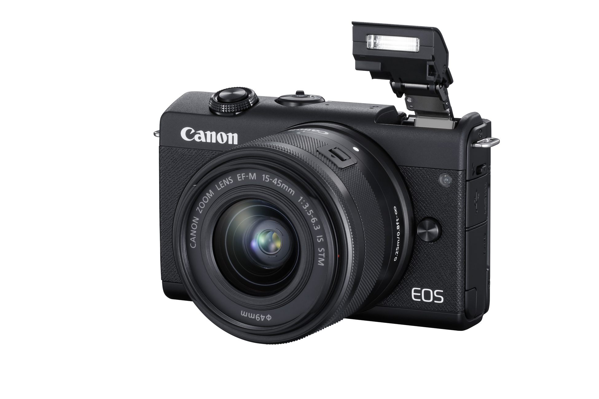 Een Canon EOS-camera met flitser. De lens is scherp en de camera is zwart.