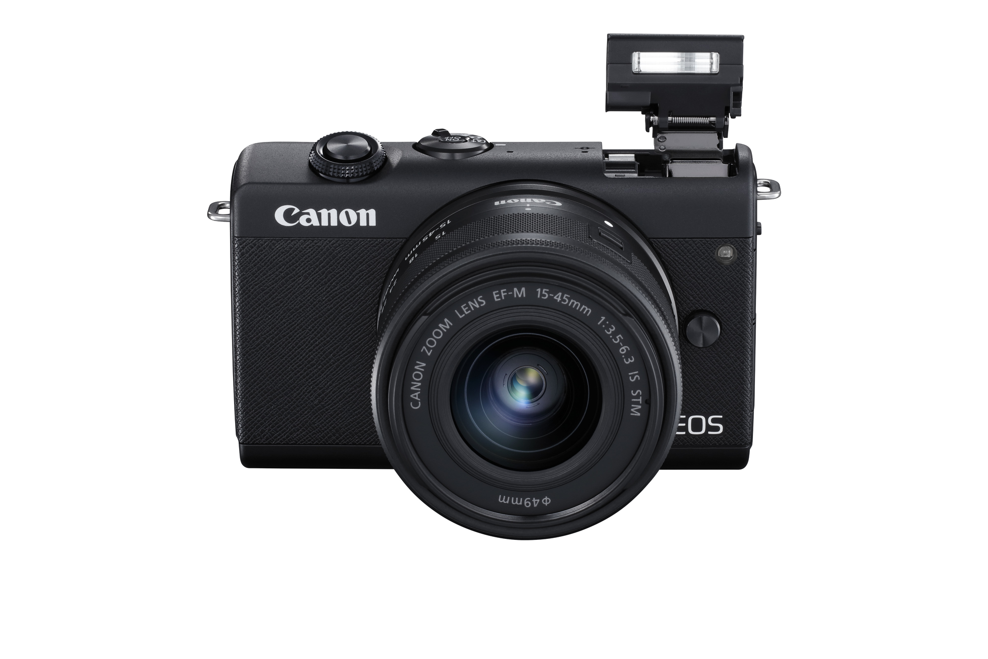 Zwarte Canon camera met lens, flitser en knoppen, op wit.